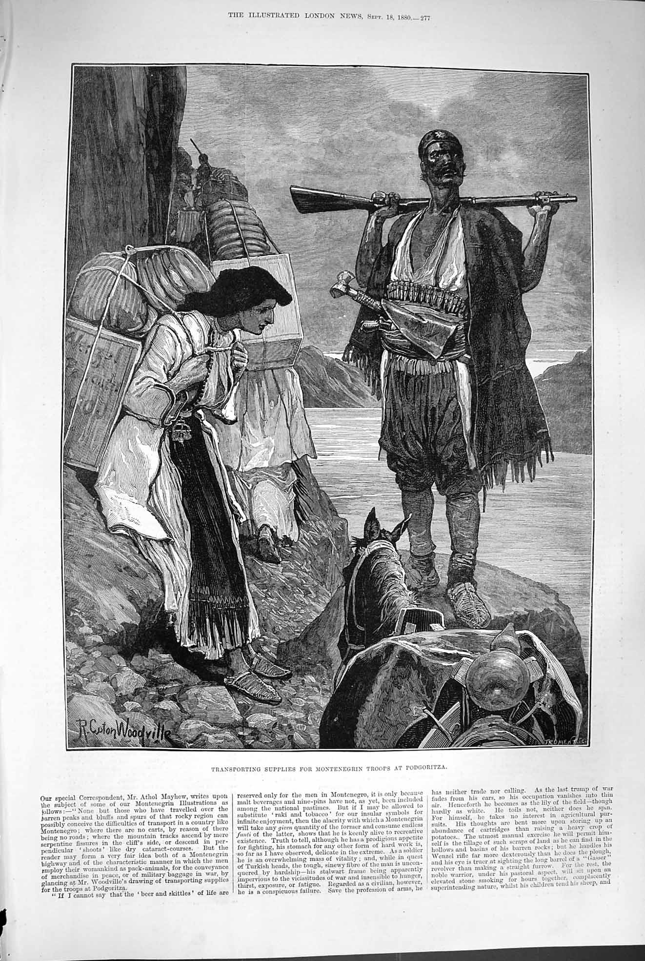 Old Antique Print 1880 Transporting Supplies Montenegrin Army Podgoritza 19th