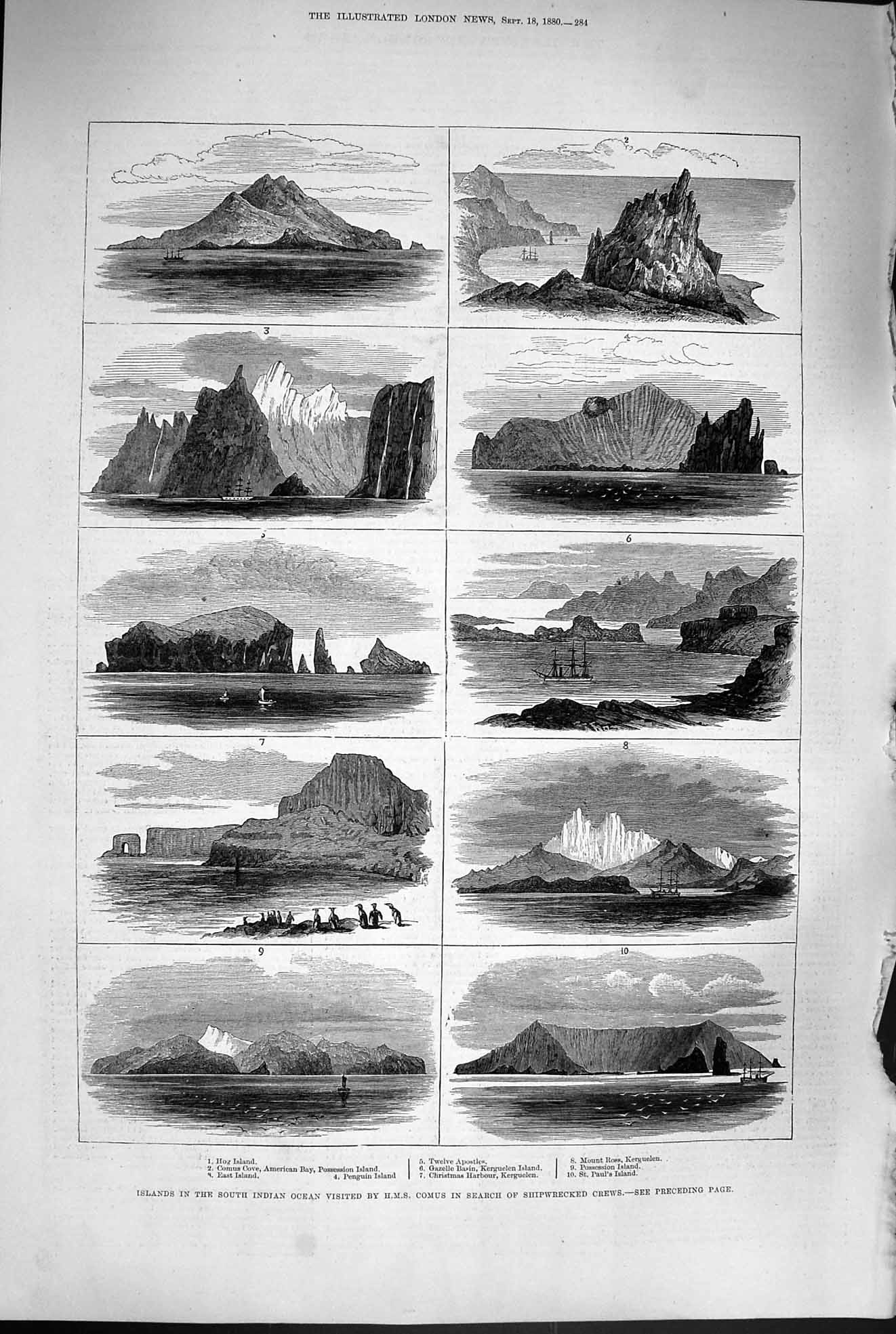 Original Old Antique Print 1880 Hog Island Indian Ocean Christmas Harbour Ross