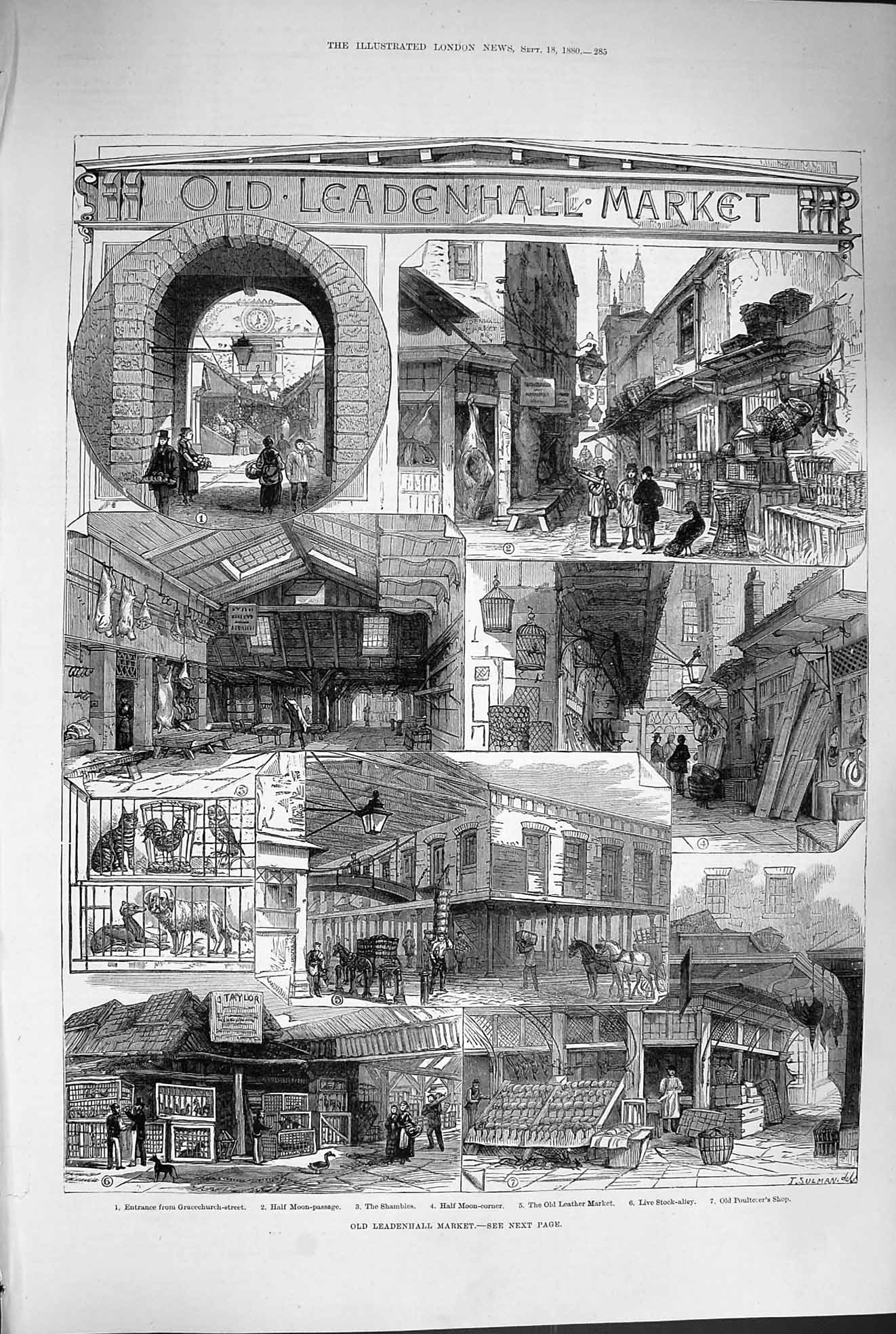 Old Antique Print 1880 Leadenhall Market Leather Poulterer'S Gracechurch 19th