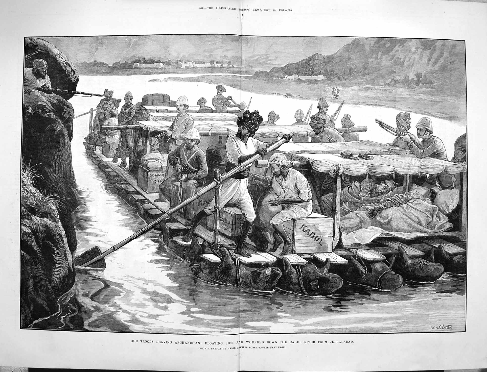 Original Old Antique Print 1880 War Afghanistan British Siers Boat Cabul River