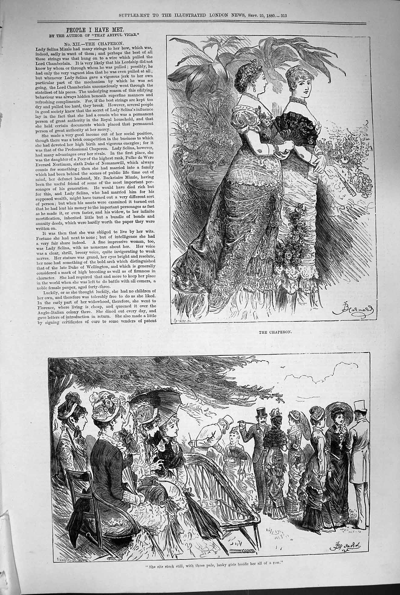 Original Old Antique Print 1880 Chaperon Ladies Men Romance People I Have Met
