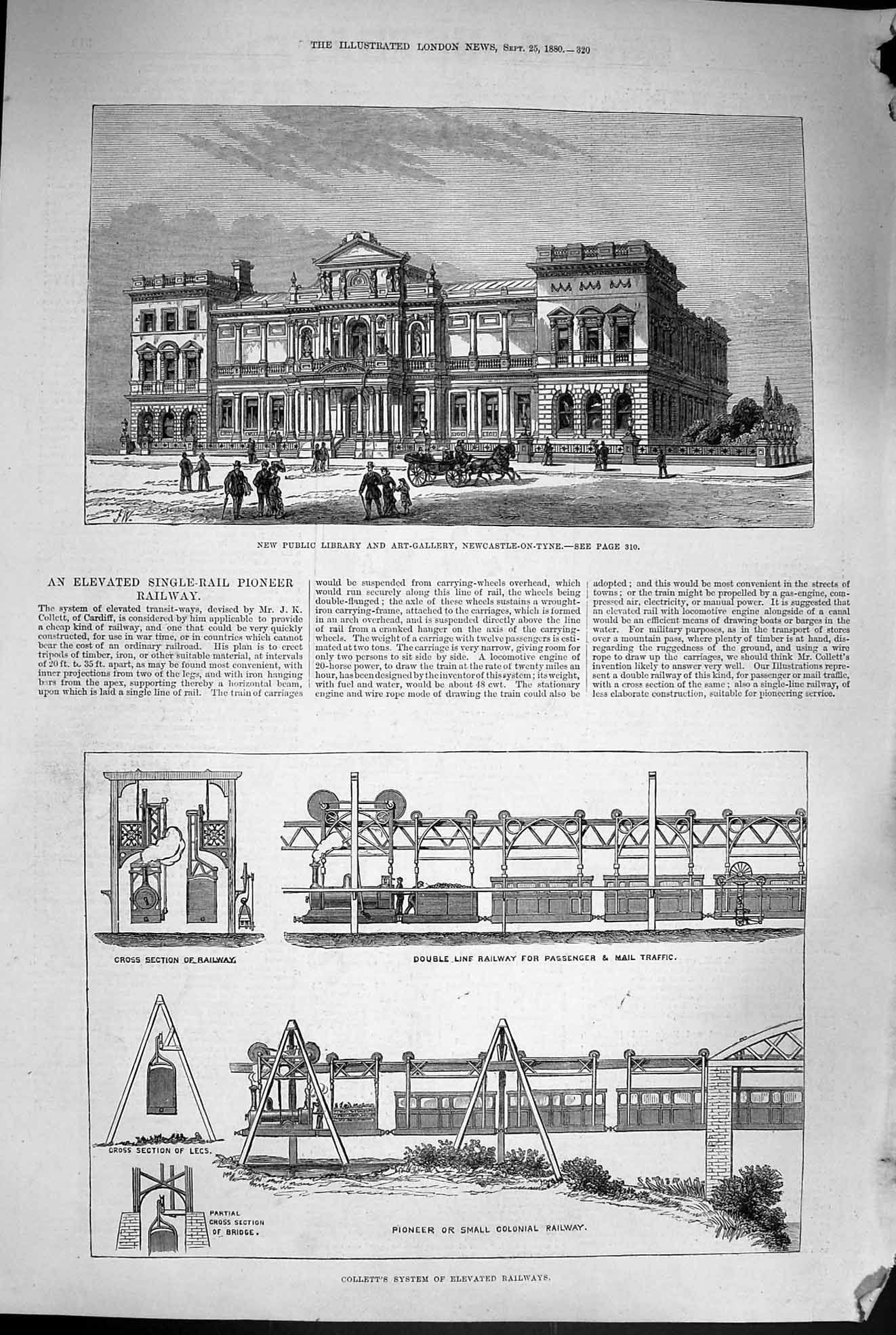 Old Antique Print 1880 Library Art-Gallery Collett Elevated Railway Plan 19th