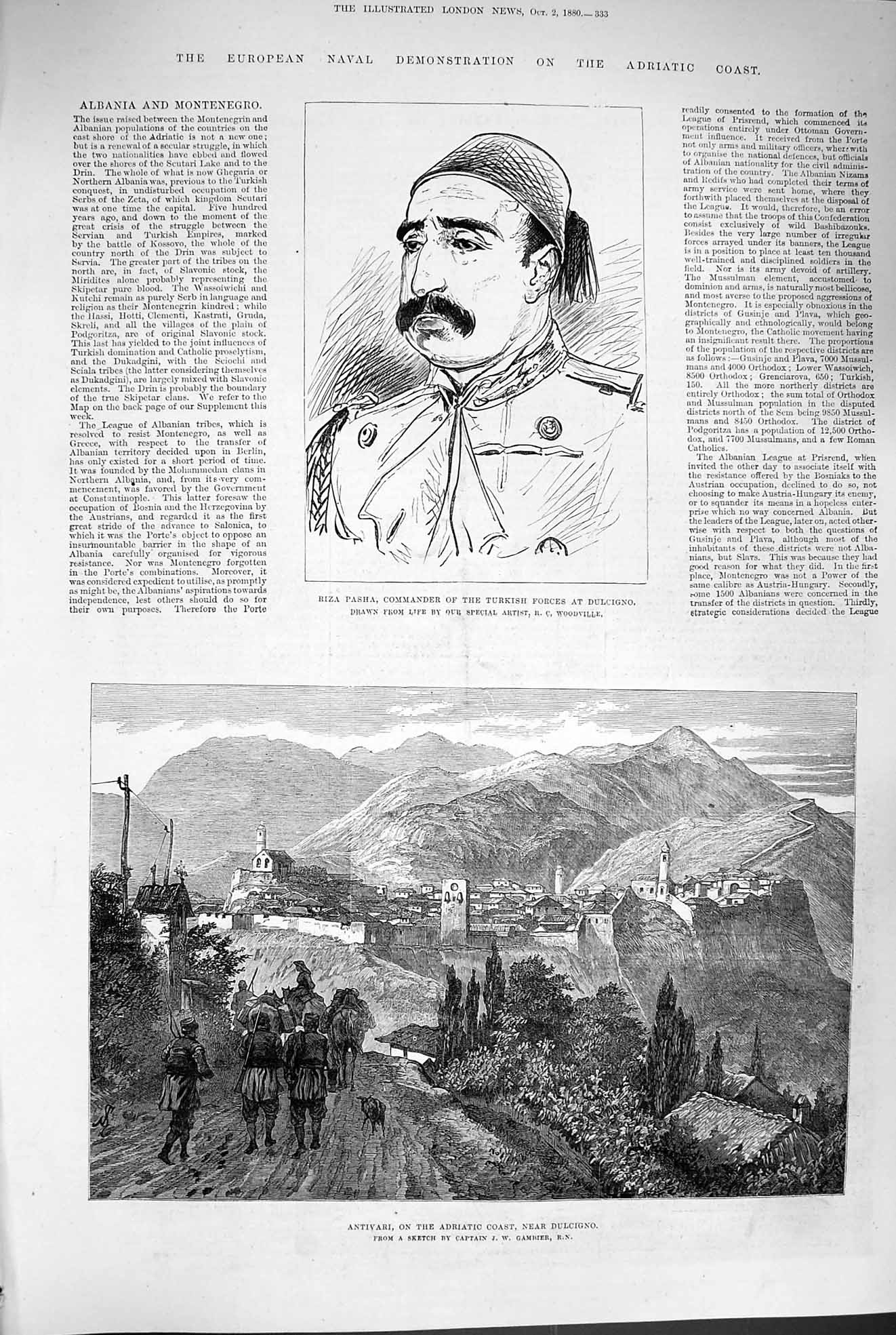 Old Antique Print 1880 Riza Pasha Turkish Army Dulcigno Antivari Adriatic 19th