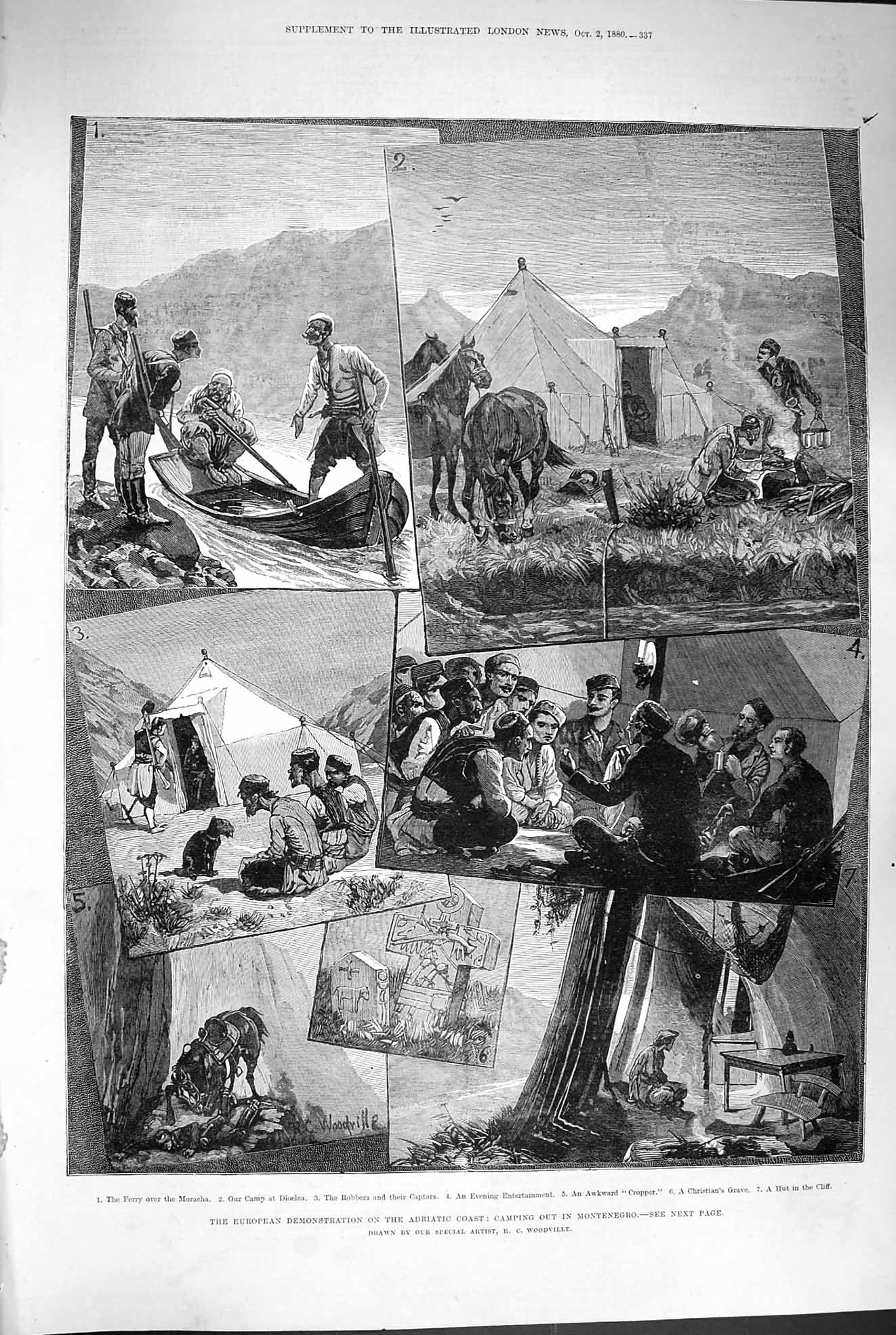 Original Old Antique Print 1880 Camp Montenegro Ferry Moracha Dioclea Adriatic