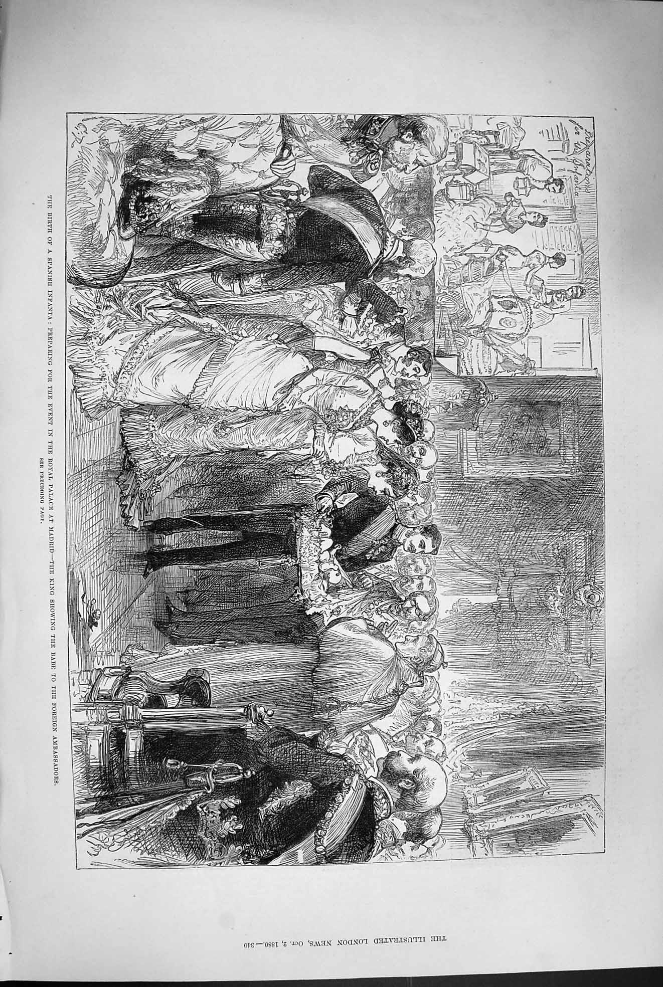 Original Old Antique Print 1880 Birth Spanish Baby Royal Palace Madrid Spain