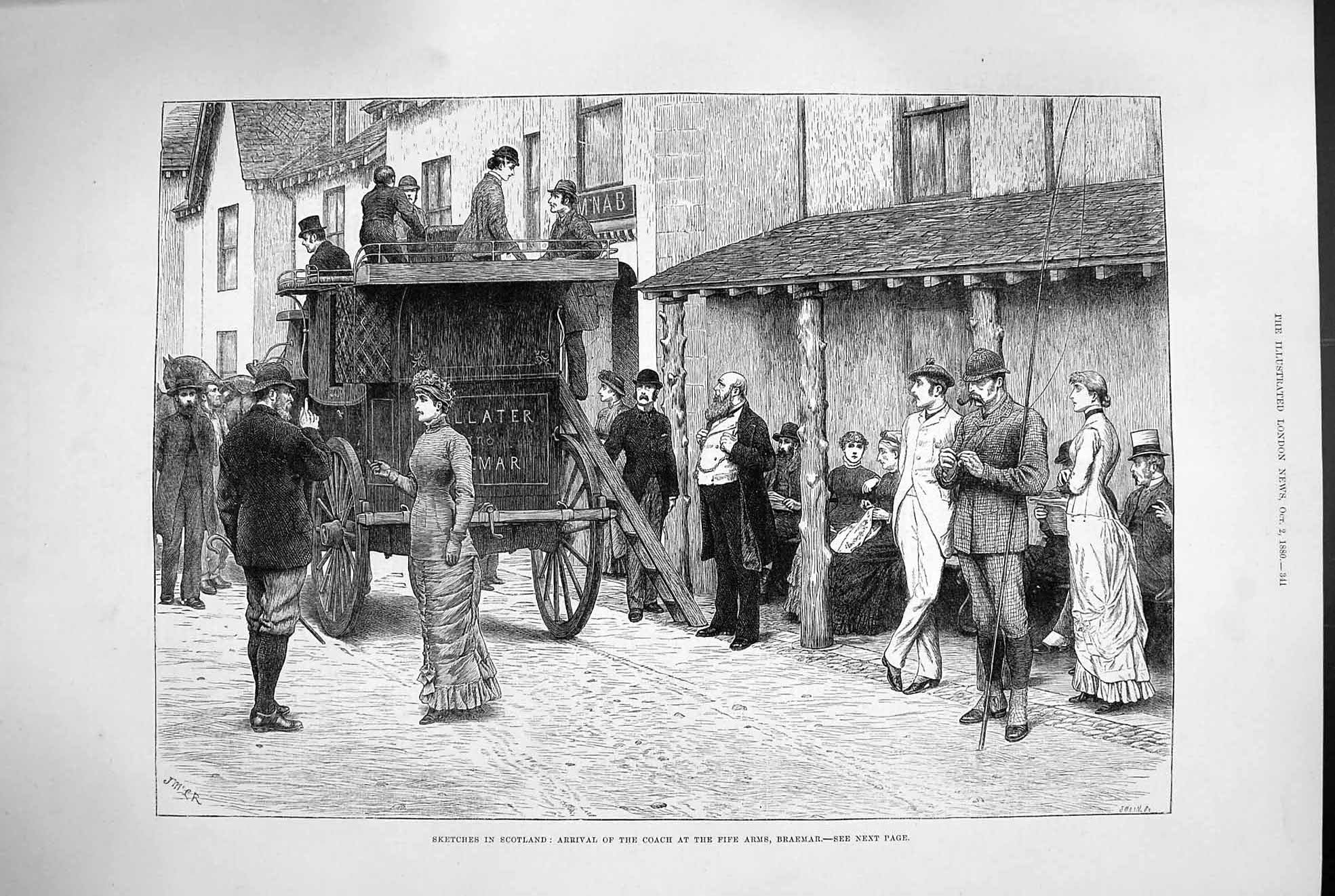 Original Old Antique Print 1880 Scotland Transport Coach Fife Arms Braemar 19th