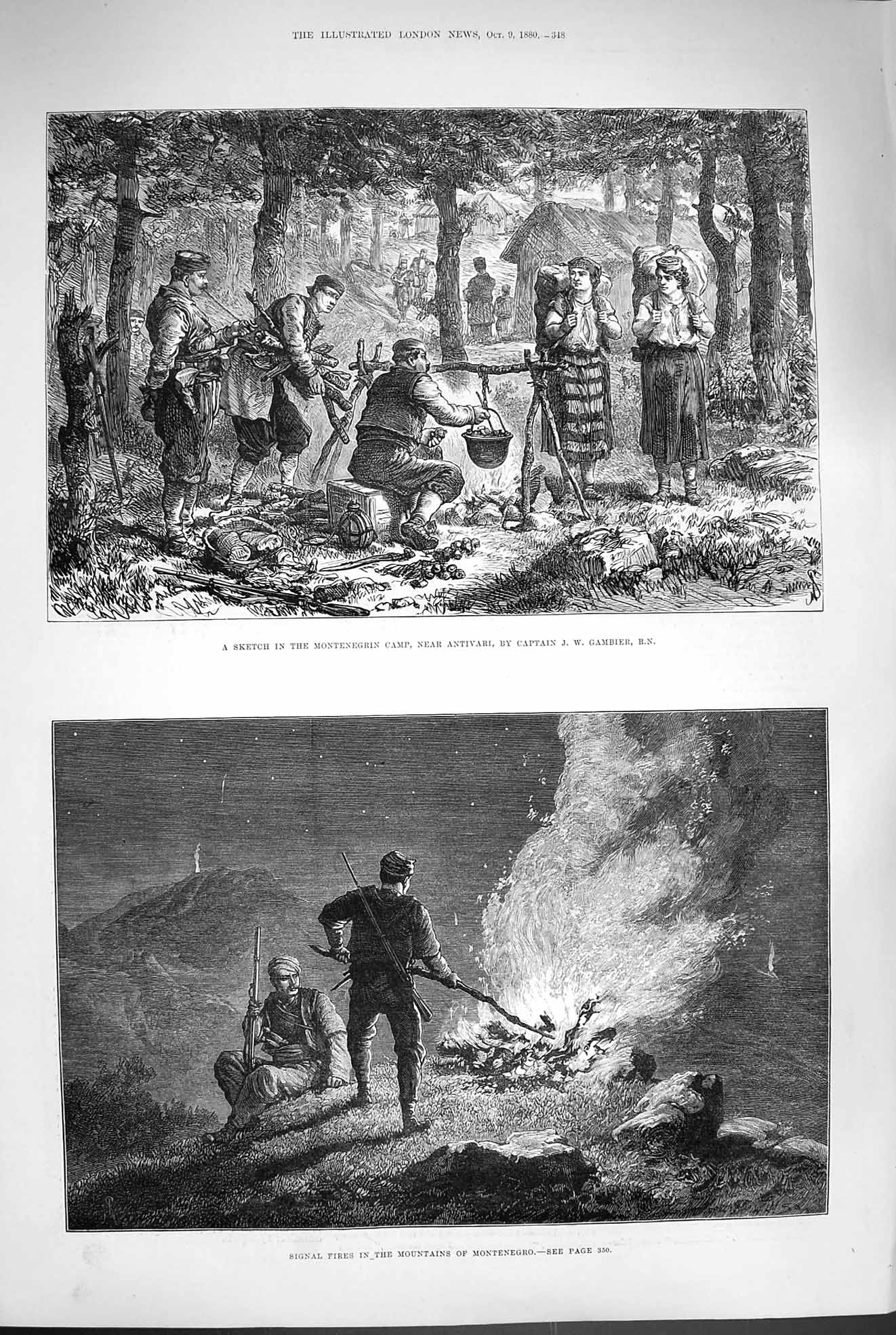 Original Old Antique Print 1880 Signal Fires Montenegro Camp Captain Gambier