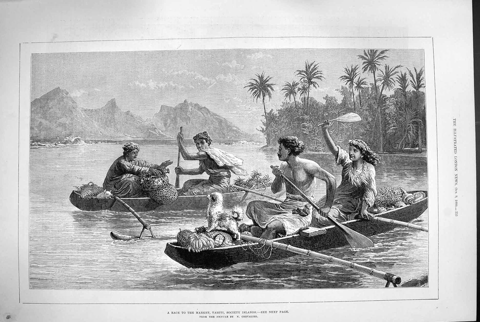 Original Old Antique Print 1880 Boat Race Market Sellers Tahiti Society Islands