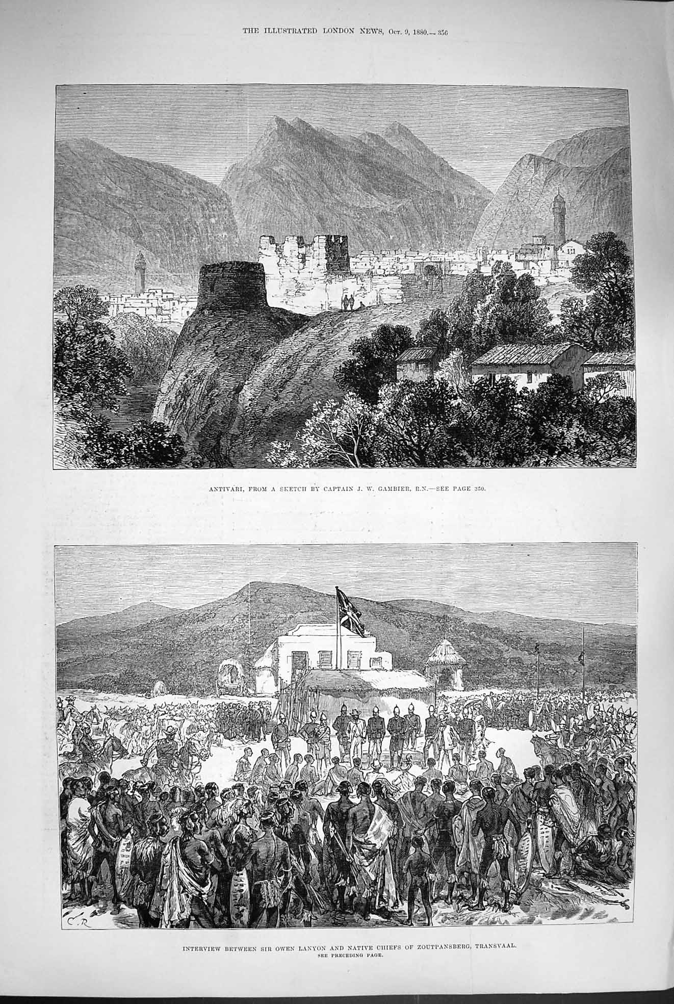 Original Old Antique Print 1880 View Antivari Owen Lanyon Chiefs Zoutpansberg