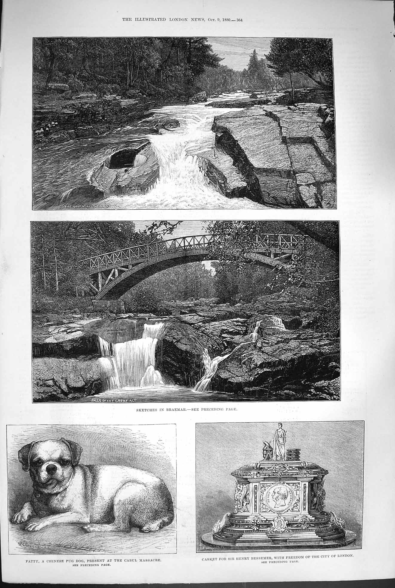 Original Old Antique Print 1880 Braemar Scotland Patty Pug Dog Casket Bessemer