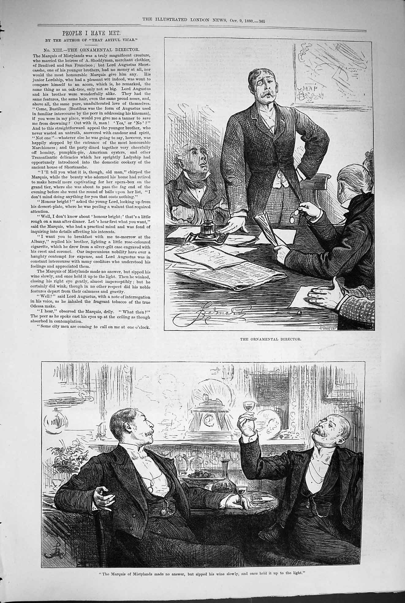 Original Old Antique Print 1880 Marquis Mistylands Wine Men Ornamental Director