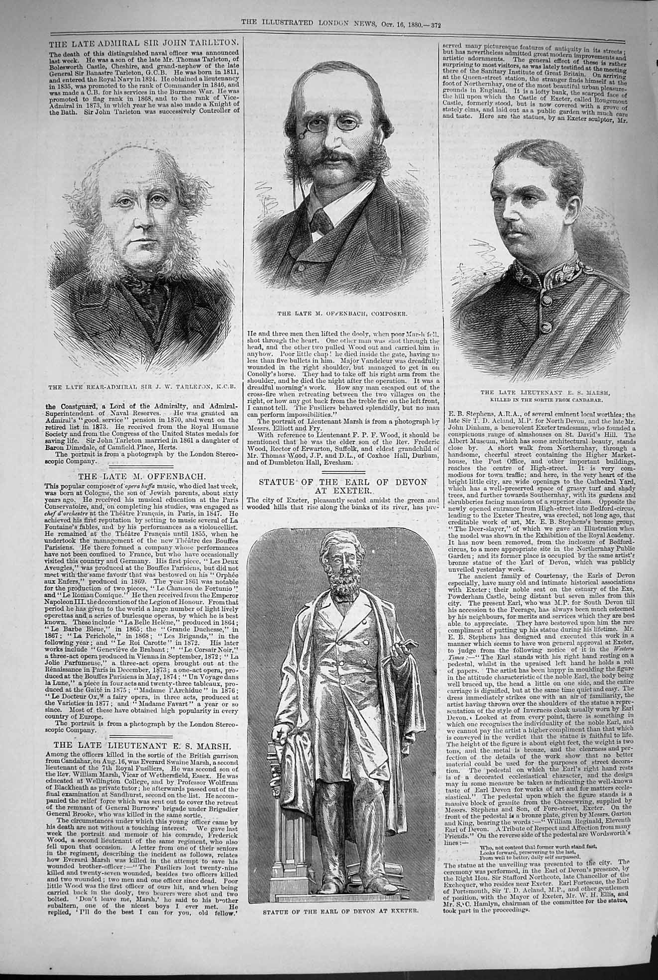 Old Antique Print 1880 Statue Earl Devon Exeter Marsh Offenbach Composer 19th