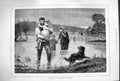 Old Antique Print 1880 Flood Scene Family Children Farm House Dog Horses 19th