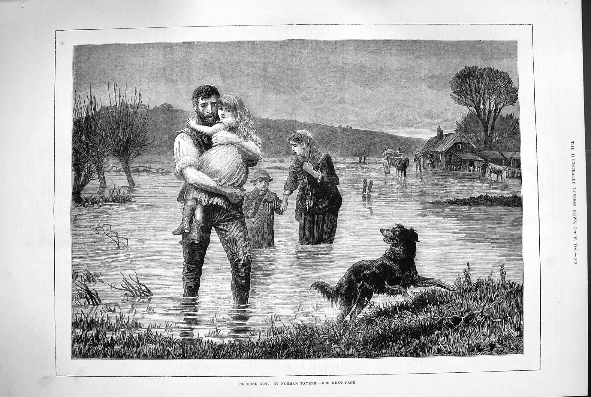 Old Antique Print 1880 Flood Scene Family Children Farm House Dog Horses 19th