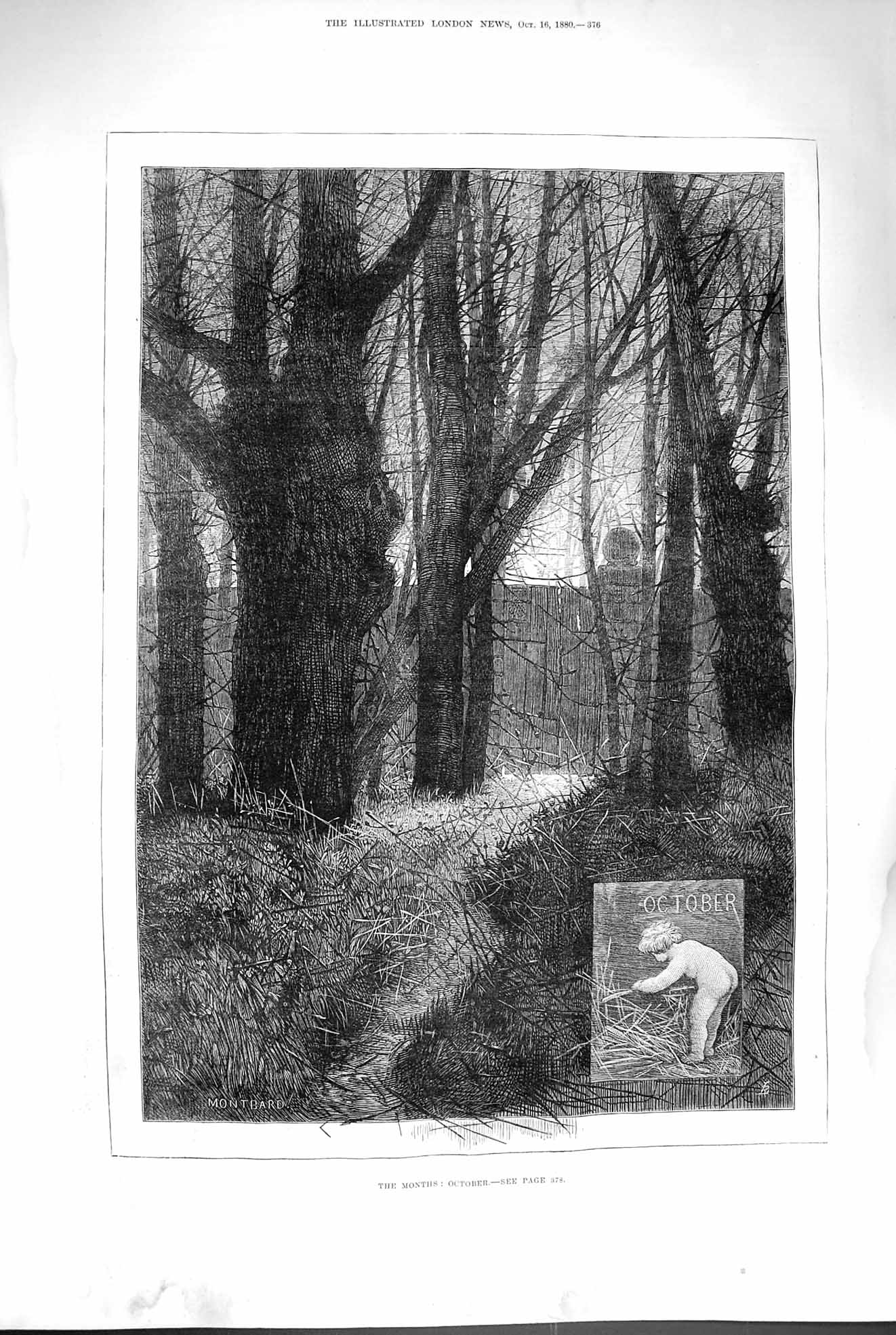 Original Old Antique Print 1880 October Scene Trees Forest Montbard Fine Art