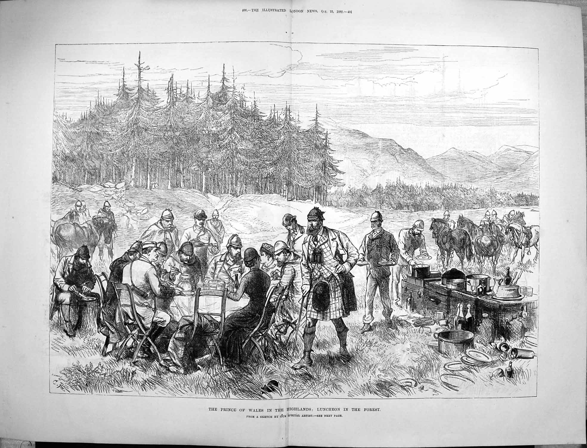 Antique Old Print *3340 1880 Prince Wales Highlands Scotland Luncheon Forest