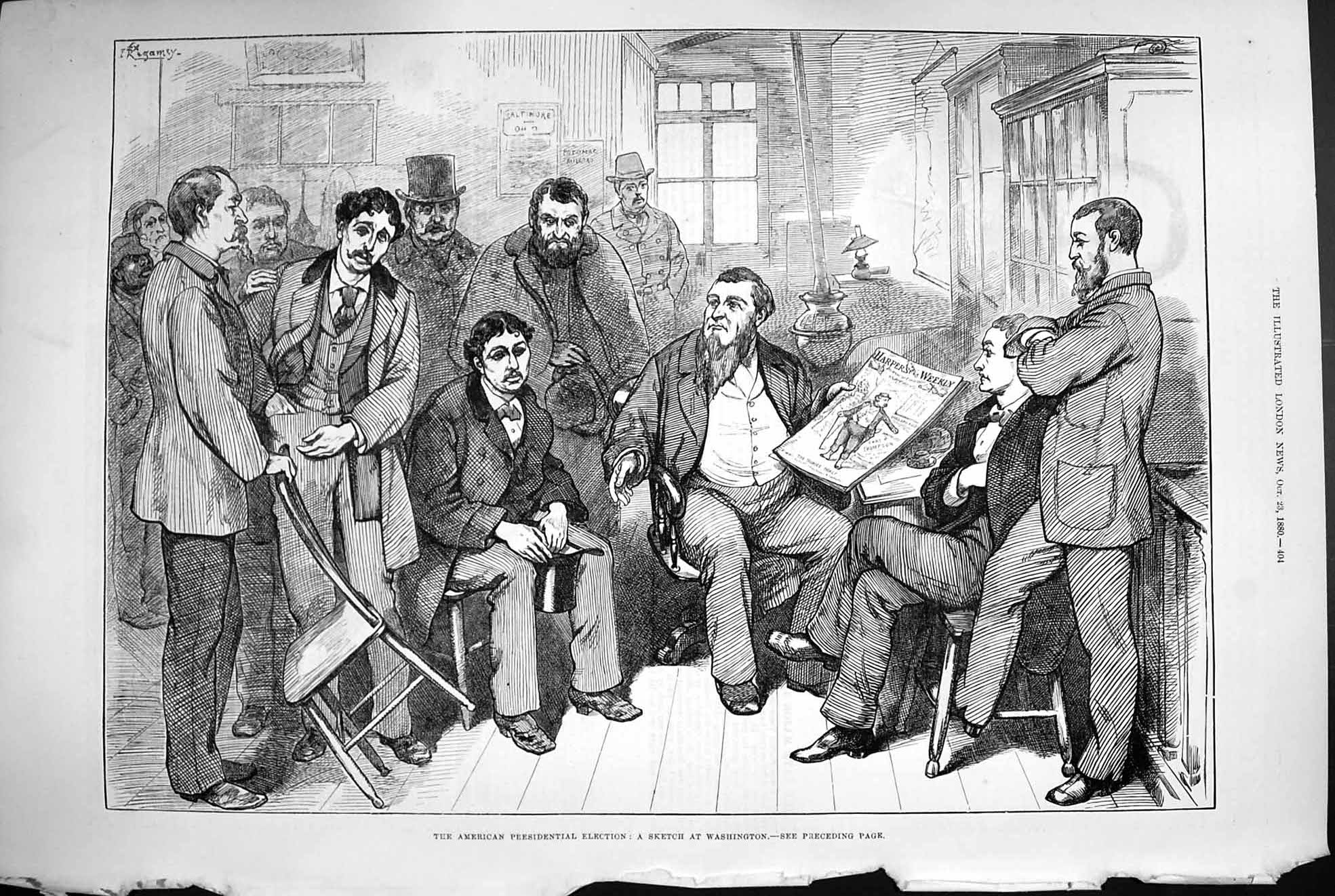 Original Old Antique Print 1880 America Presidential Election Washington Men