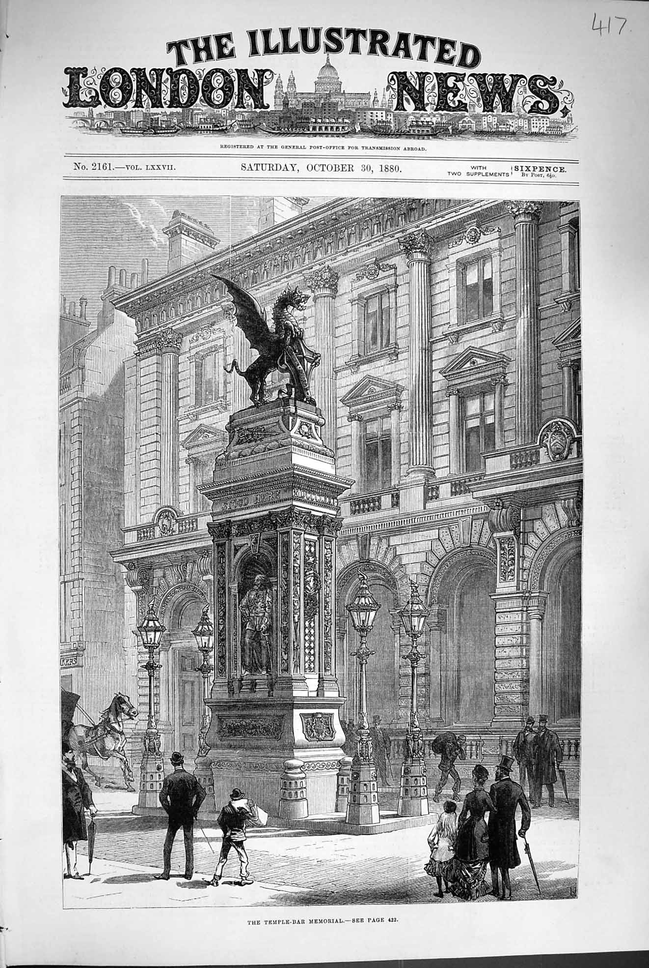Original Old Antique Print 1880 Temple-Bar Memorial Buildings Architecture 19th
