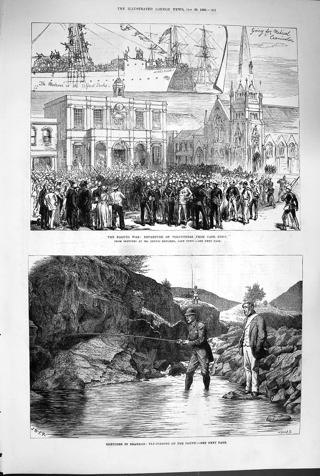 Original Old Antique Print 1880 Basuto War Army Fly Fishing Braemar Clun 19th