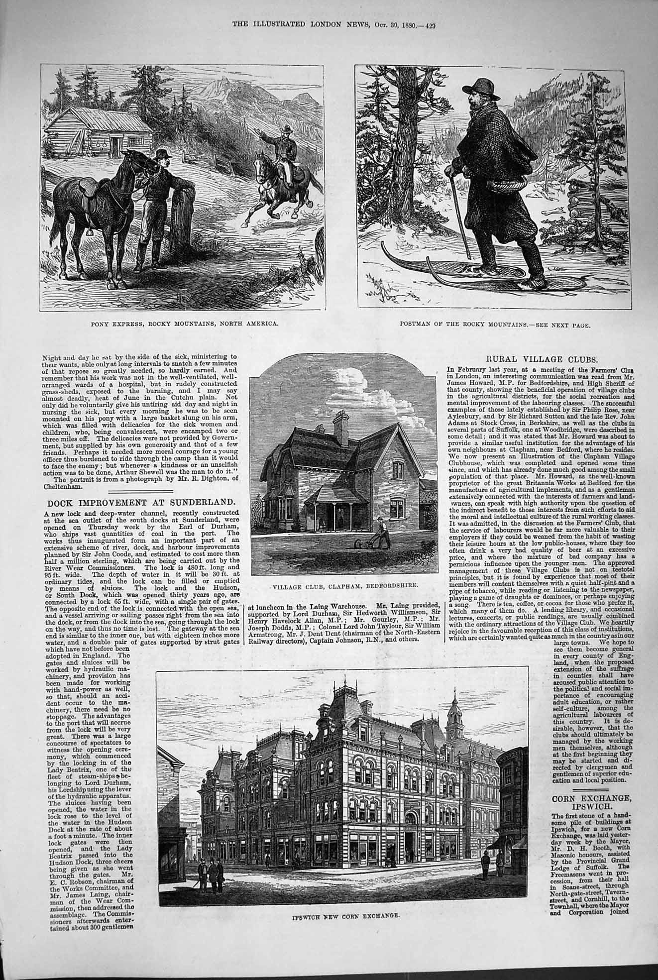 Old Antique Print 1880 Pony Express Rocky Mountains Ipswich Corn Exchange 19th