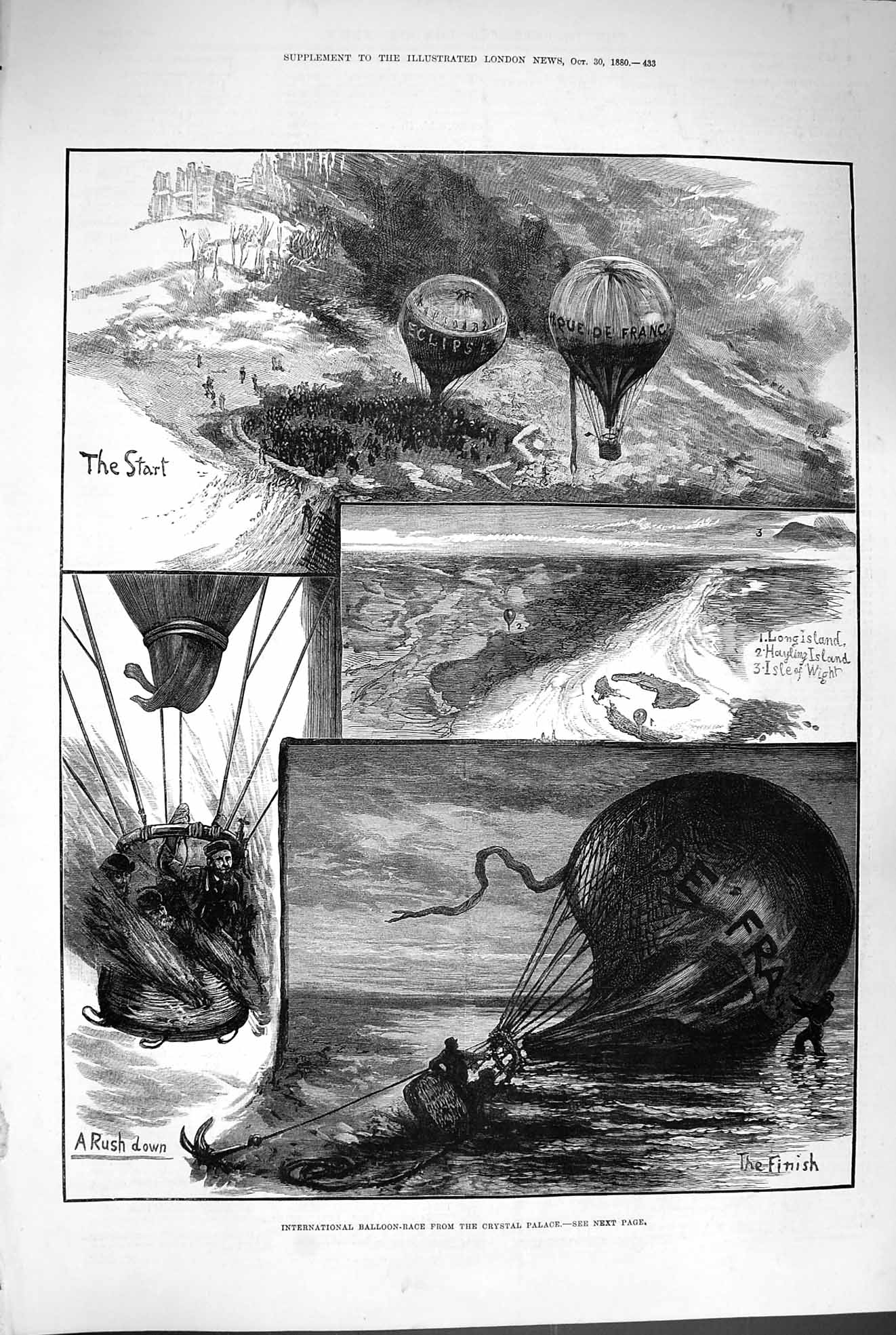 Original Old Antique Print 1880 Balloon Crystal Palace Long Hayling Isle Wight