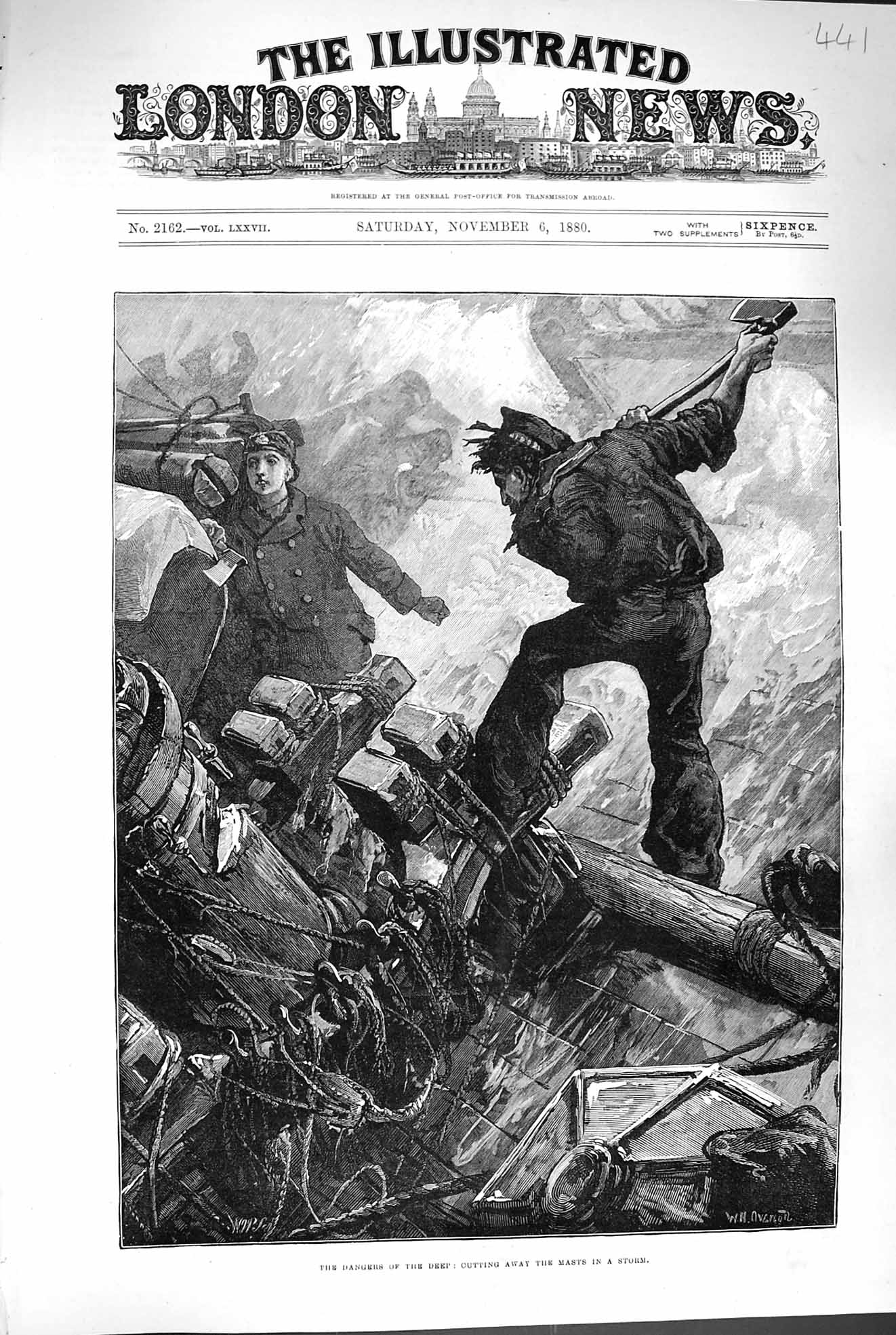 Original Old Antique Print 1880 Fine Art Scene Ship Deck Cutting Sail Mast 19th