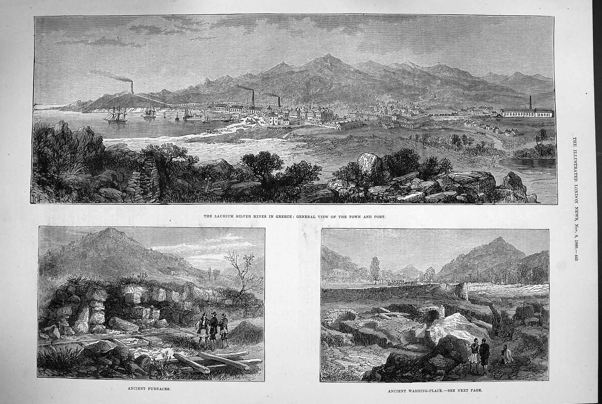 Original Old Antique Print 1880 Laurium Silver Mines Greece Furnaces Washin 19th