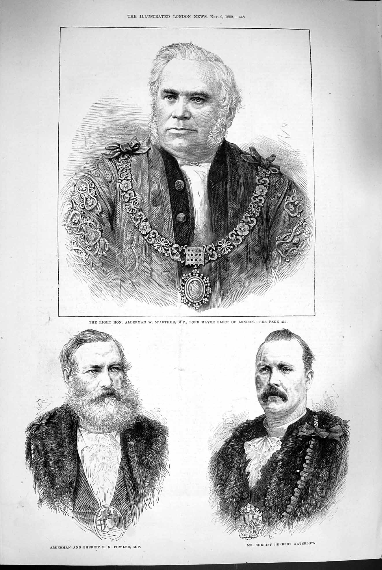 Old Antique Print 1880 Lord Mayor London M'Arthur Sheriff Fowler Herbert 19th