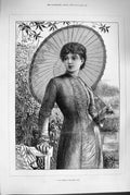 Original Old Antique Print 1880 Portrait Beautiful Lady Garden Parasol 19th