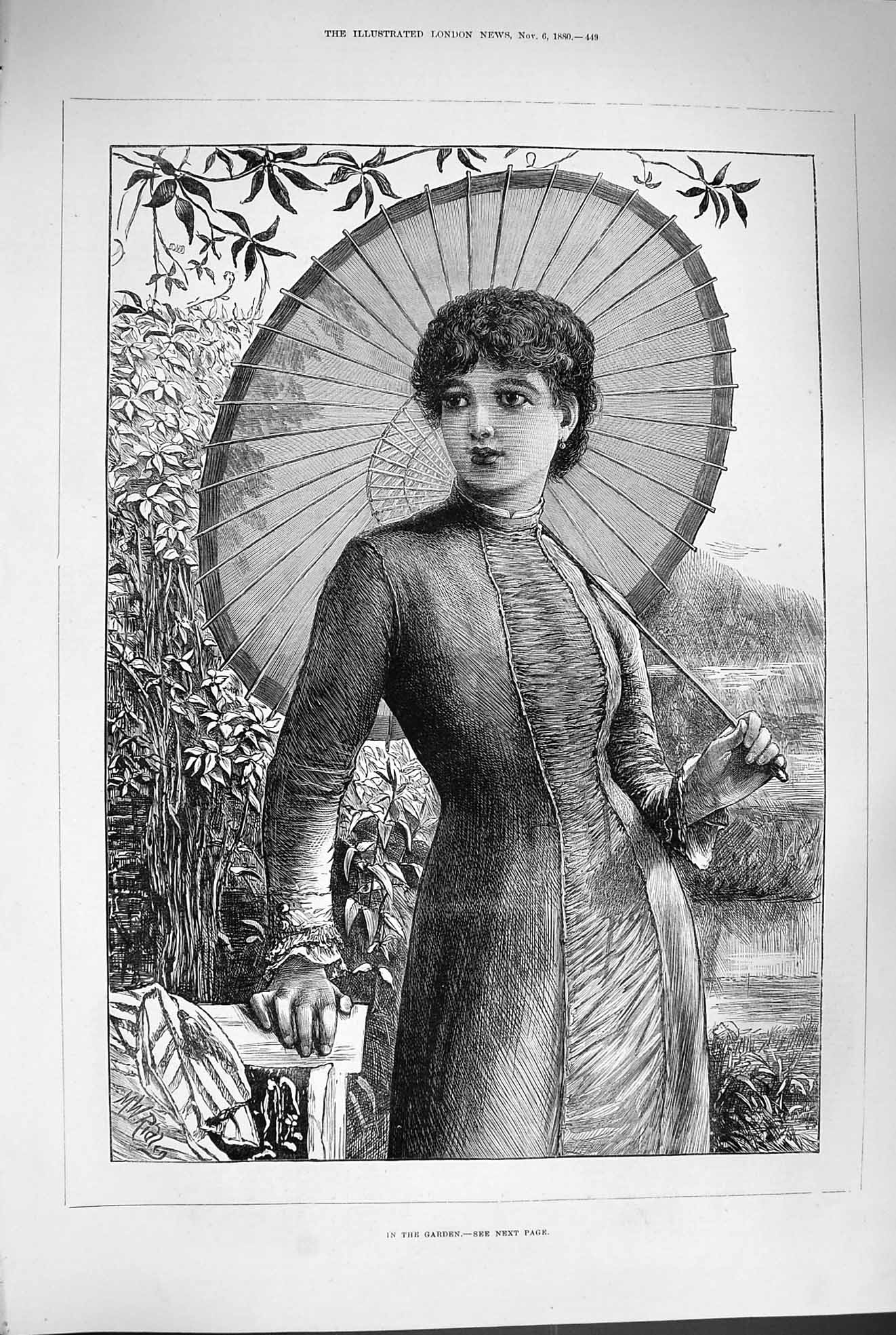 Original Old Antique Print 1880 Portrait Beautiful Lady Garden Parasol 19th