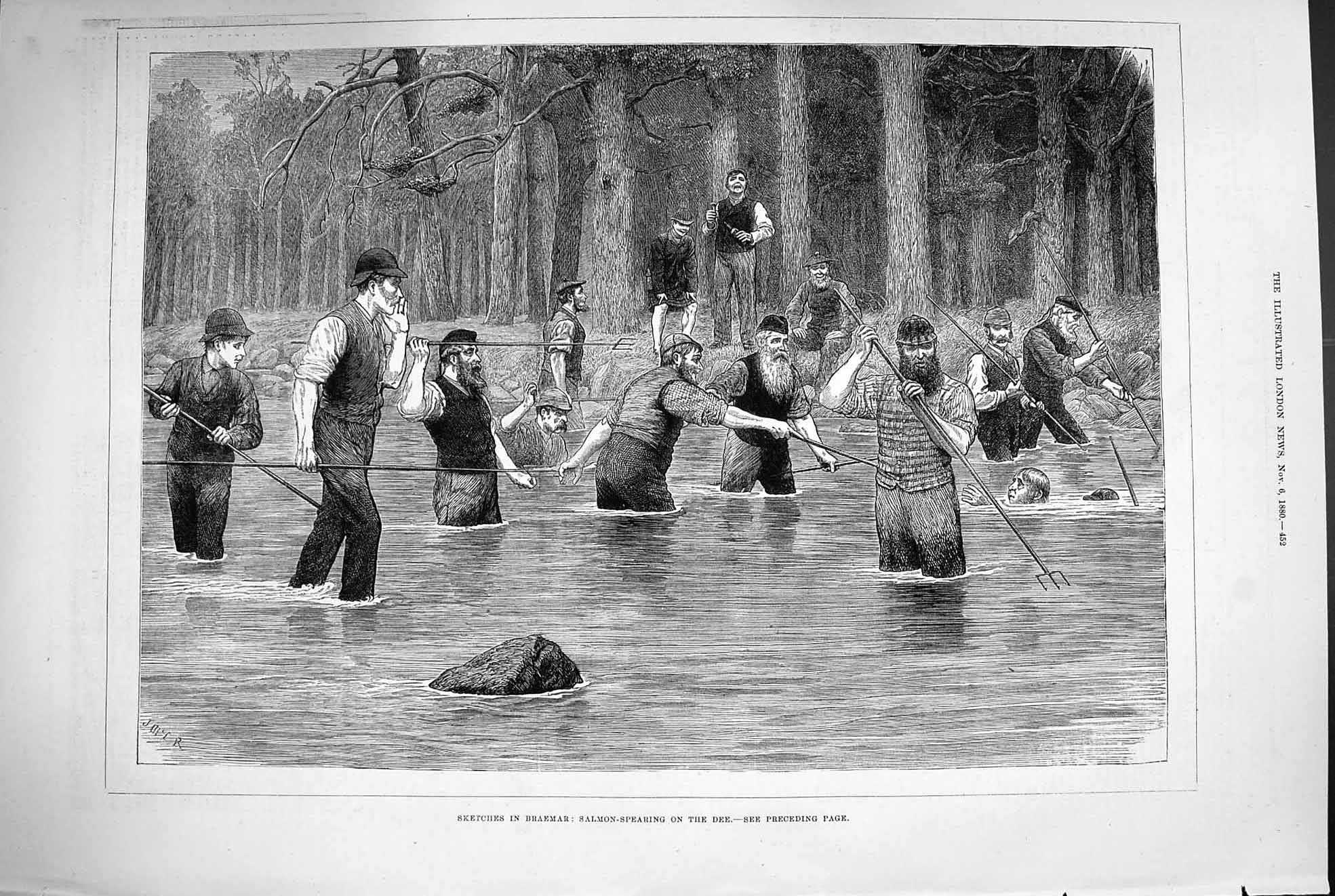 Old Antique Print 1880 Braemar Salmon Spearing River Dee Fishing Scotland 19th