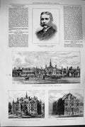Old Antique Print 1880 Bright Rous Newmarket Hospital Library School Art 19th