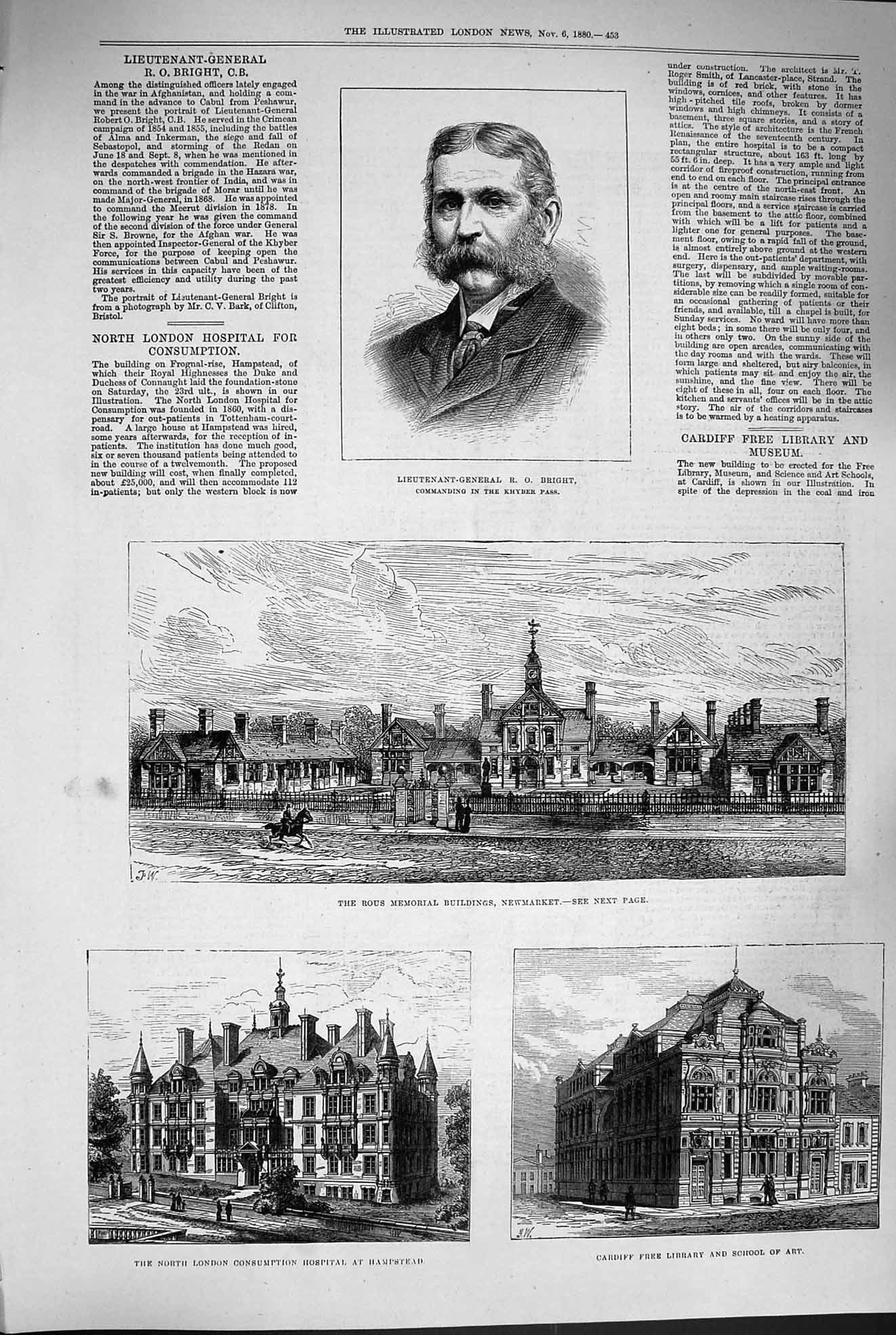 Old Antique Print 1880 Bright Rous Newmarket Hospital Library School Art 19th
