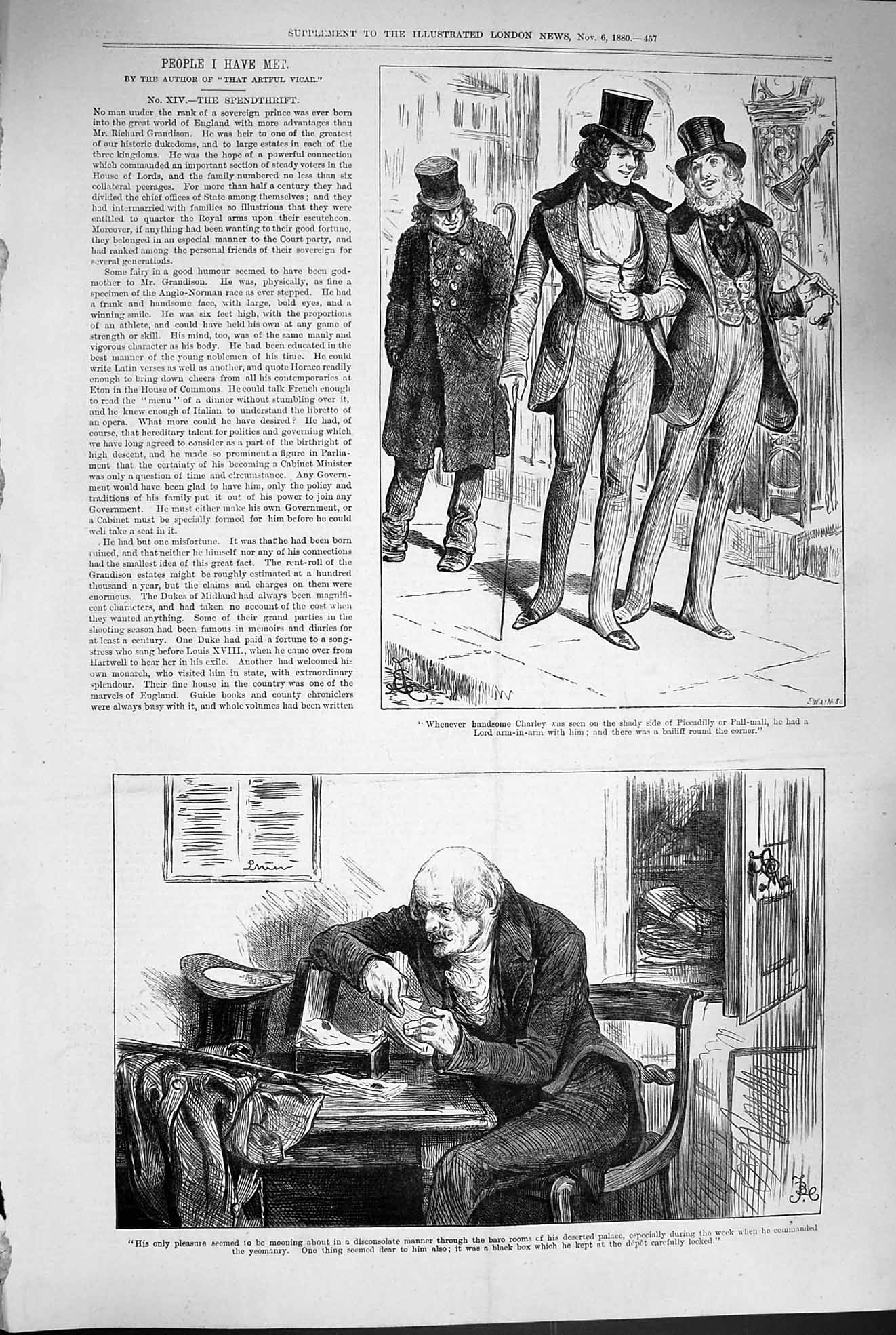 Old Antique Print 1880 London Street Scene Men Piccadilly Charley Vicar 19th