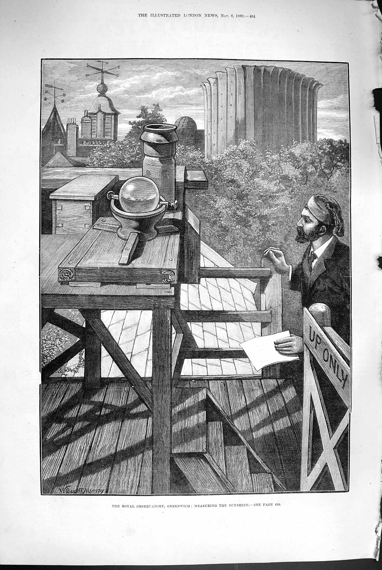 Antique Old Print *3322 1880 Royal Observatory Greenwich Measuring Sunshine
