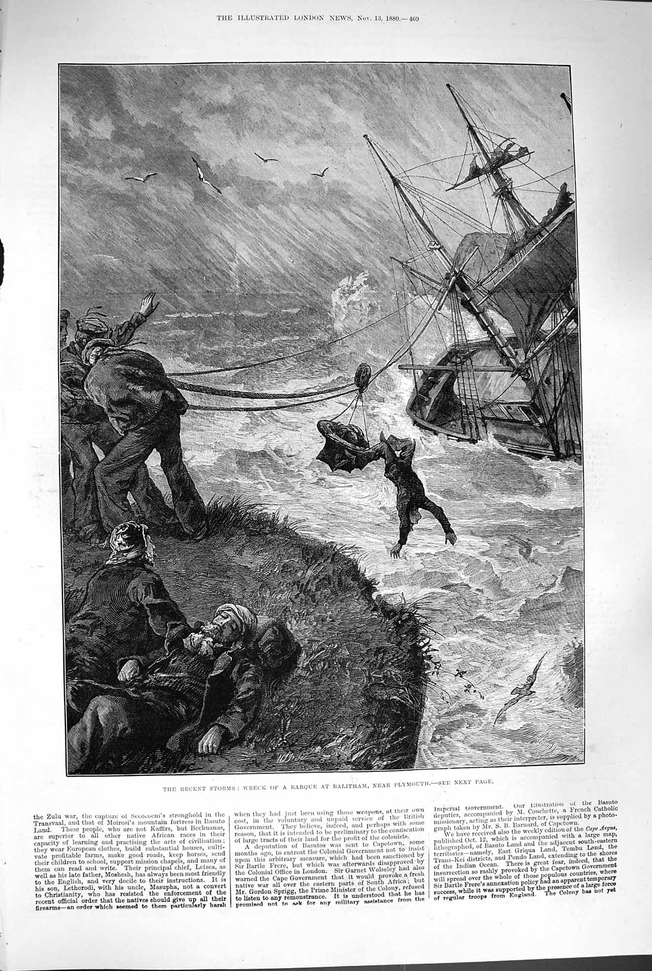 Original Old Antique Print 1880 Storms Sea Ship Wreck Barque Balitham Plymouth