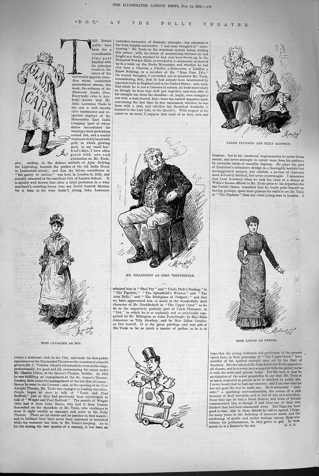 Old Antique Print 1880 Dot Folly Theatre Billington Liston Cavalier Toole 19th