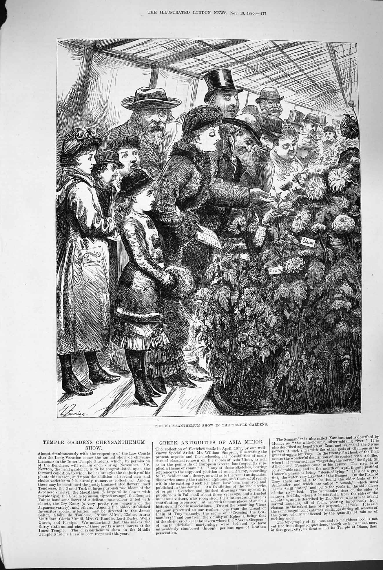 Original Old Antique Print 1880 Chrysanthemum Flower Show Temple 19th