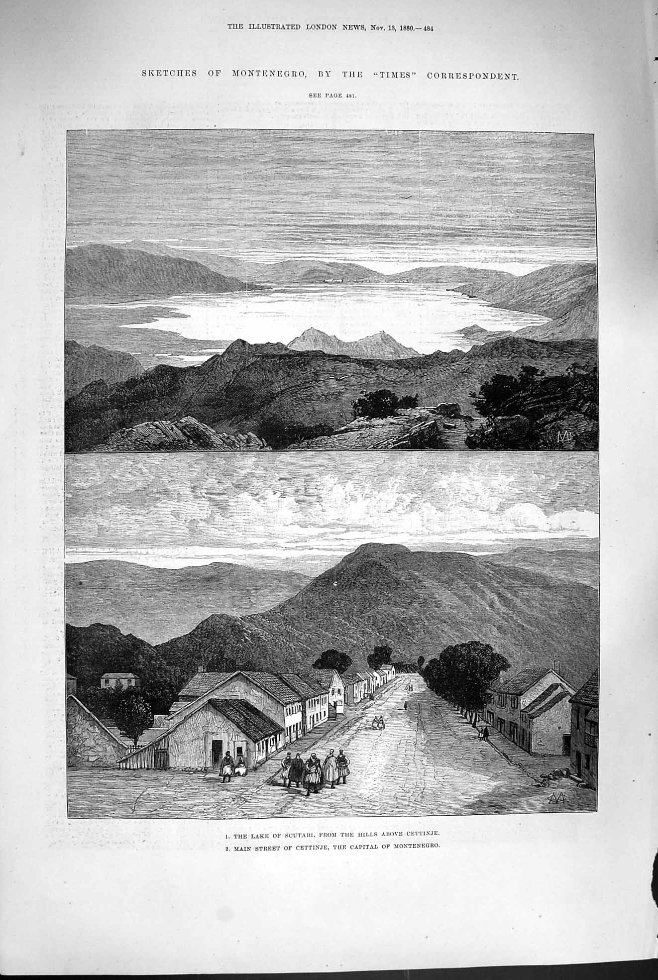 Original Old Antique Print 1880 Montenegro Lake Scutari Cettinje Mountains 19th