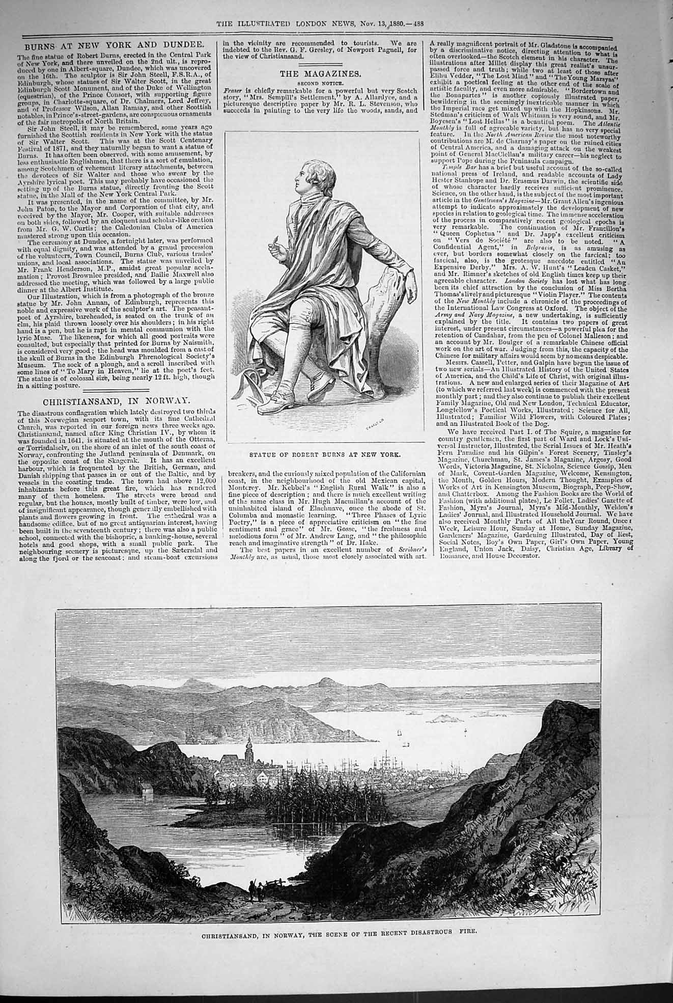 Original Old Antique Print 1880 Statue Robert Burns Christiansand Norway Fire