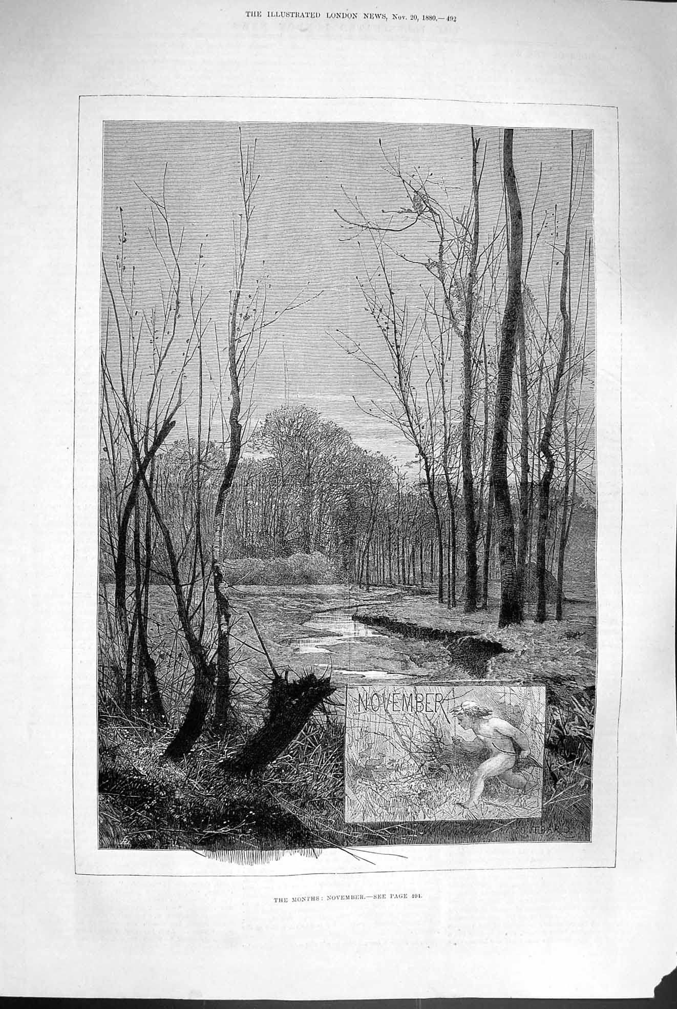 Original Old Antique Print 1880 November Scene Tree Forest Stream Nature 19th