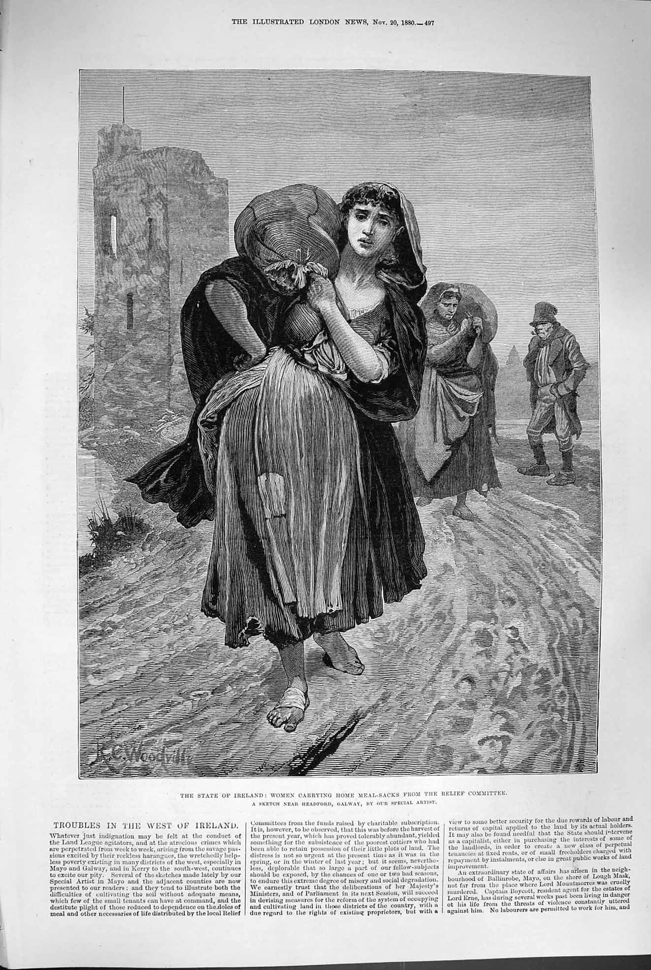 Antique Print *3334 1880 Ireland Women Carrying Meal Sacks Relief Committee
