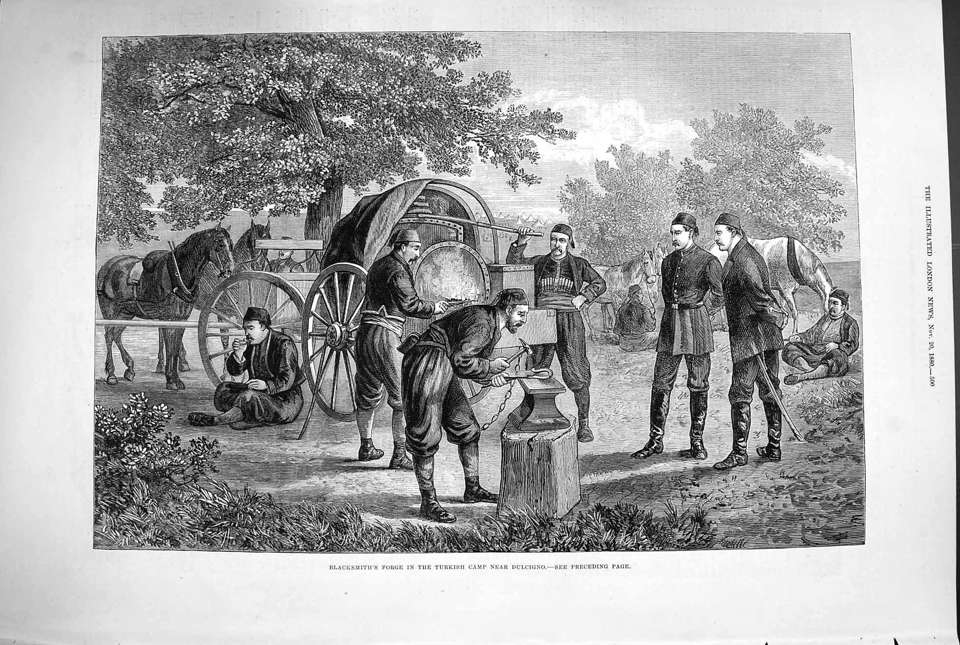 Original Old Antique Print 1880 Blacksmith Forge Turkish Camp Dulcigno Turkey