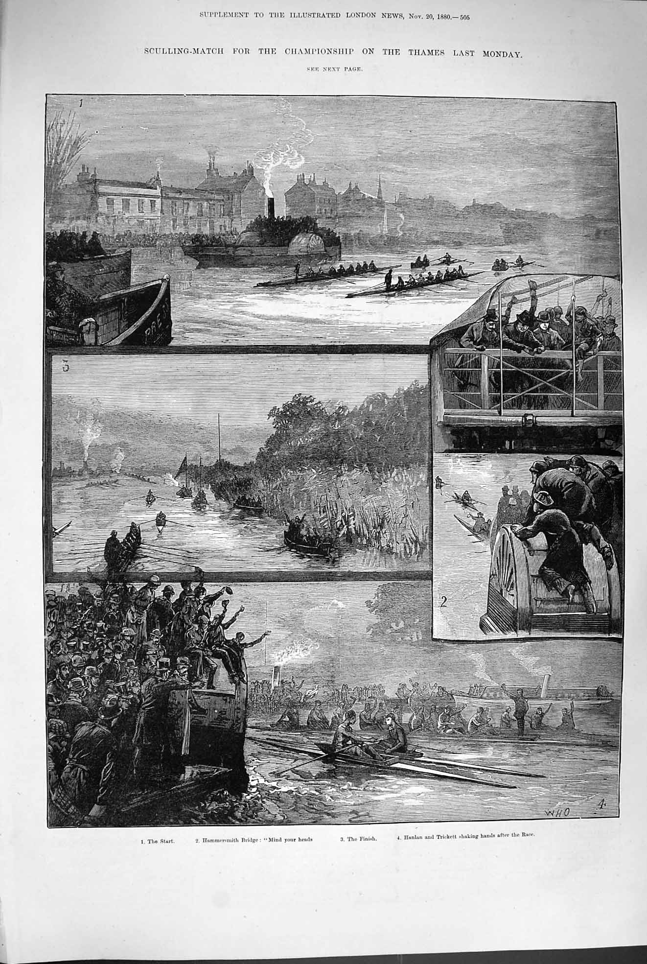 Original Old Antique Print 1880 Sculling-Match River Thames Rowing Boat 19th