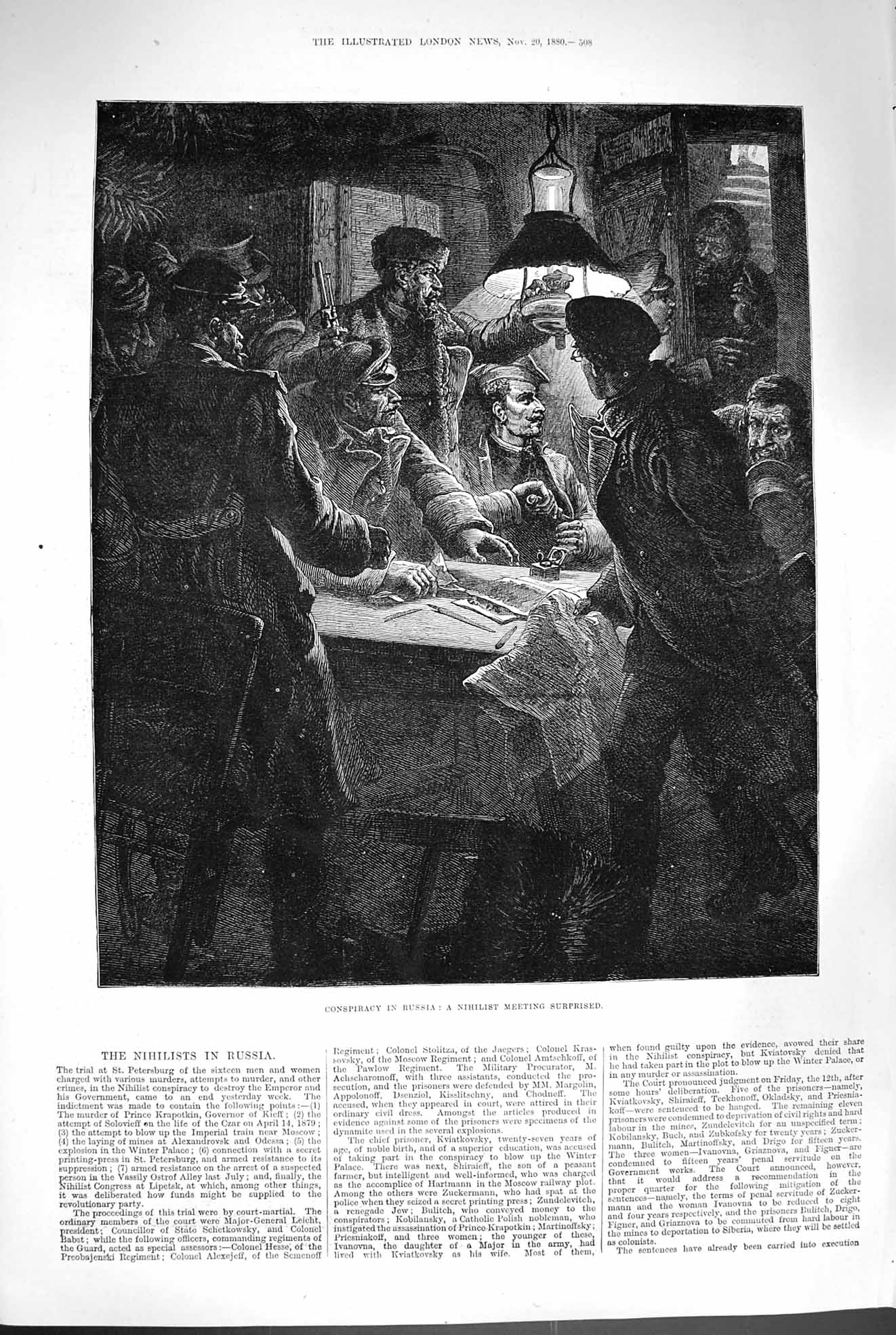 Original Old Antique Print 1880 Conspiracy Russia Nihilist Meeting Men Fine Art