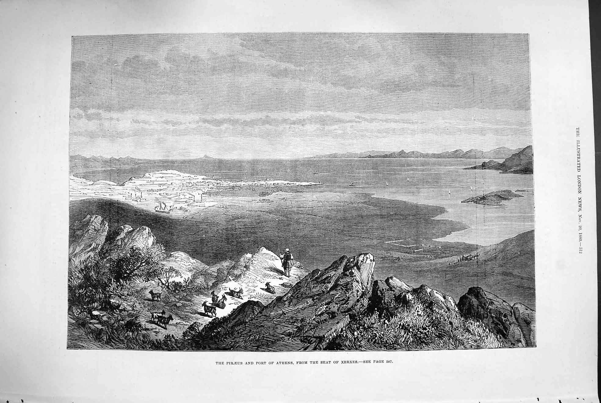 Original Old Antique Print 1880 Piraeus Port Athens Seat Xerxes Mountains 19th