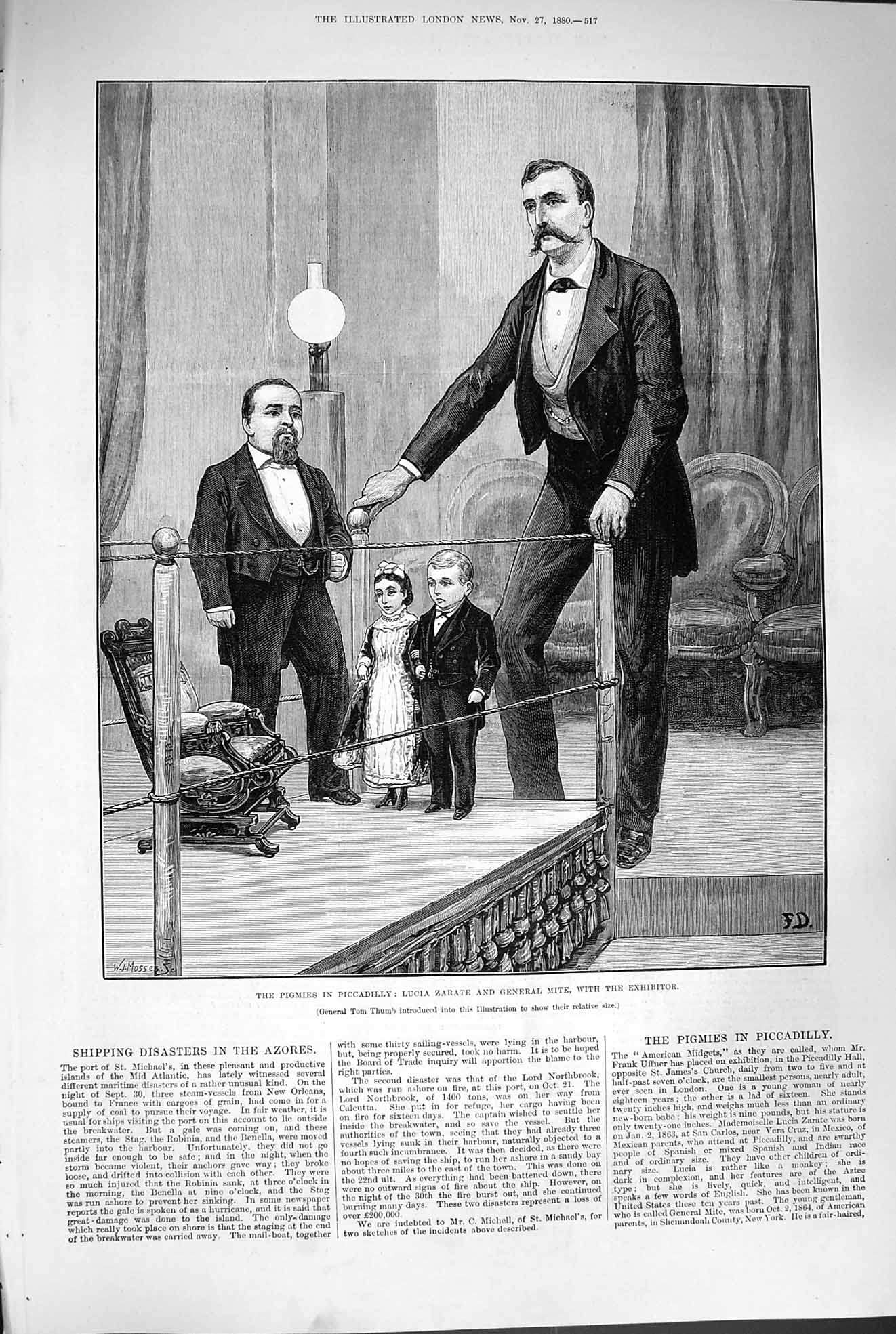 Original Old Antique Print 1880 Pigmies Piccadilly Lucia Zarate Gener Victorian