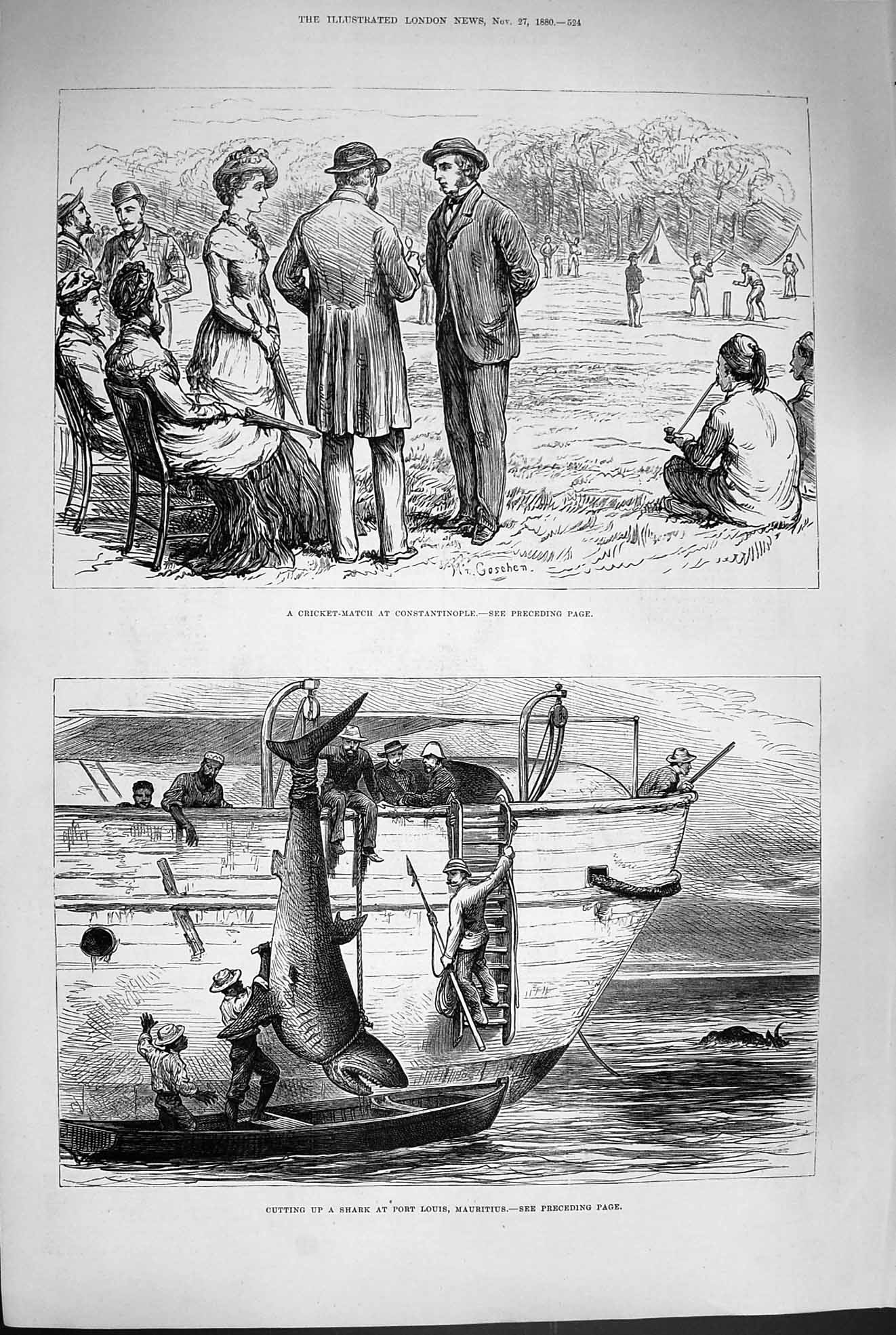 Old Antique Print 1880 Cricket Constantinople Shark Port Louis Mauritius 19th