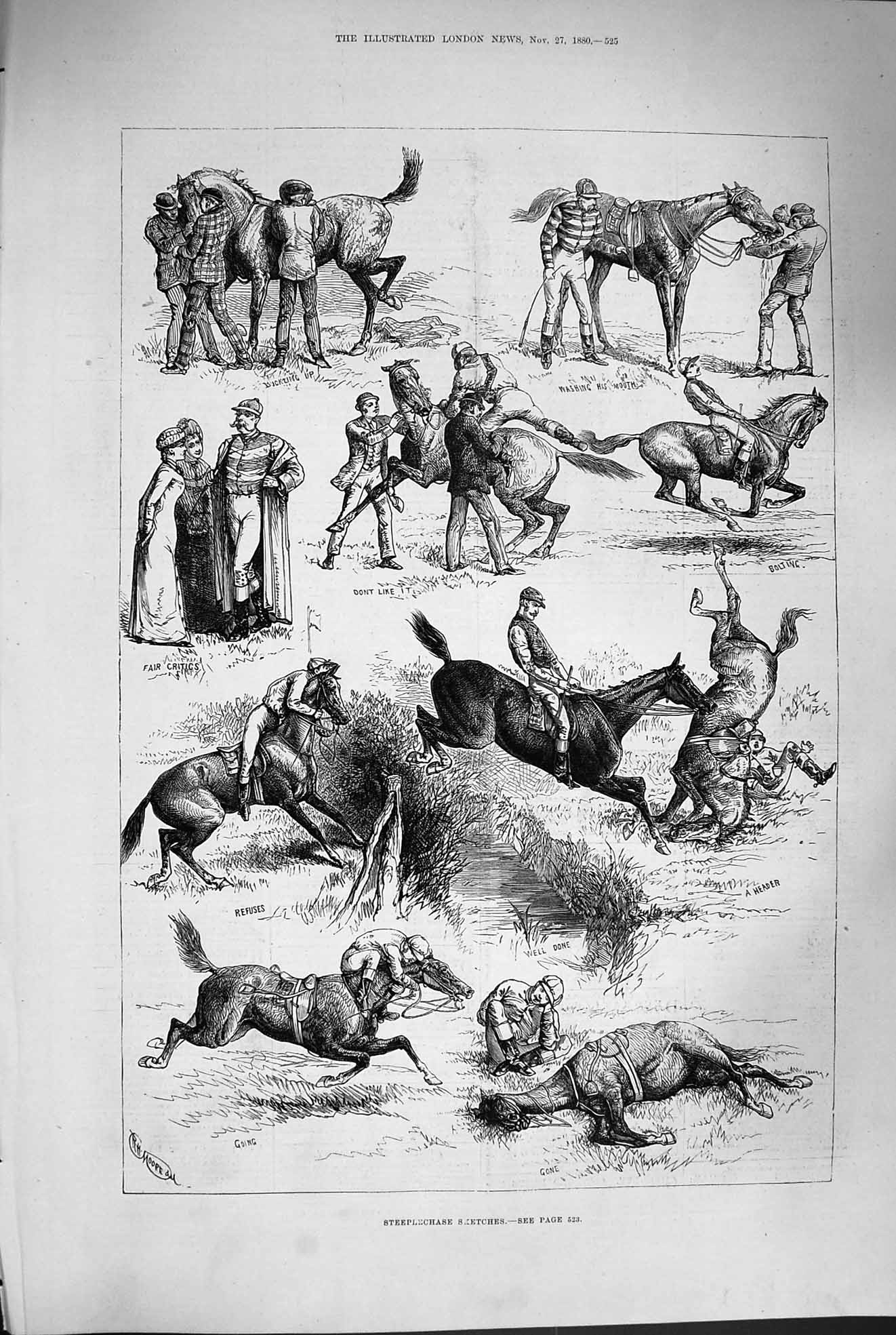 Original Old Antique Print 1880 Steeplechase Horse Racing Jumping Jockeys Sport