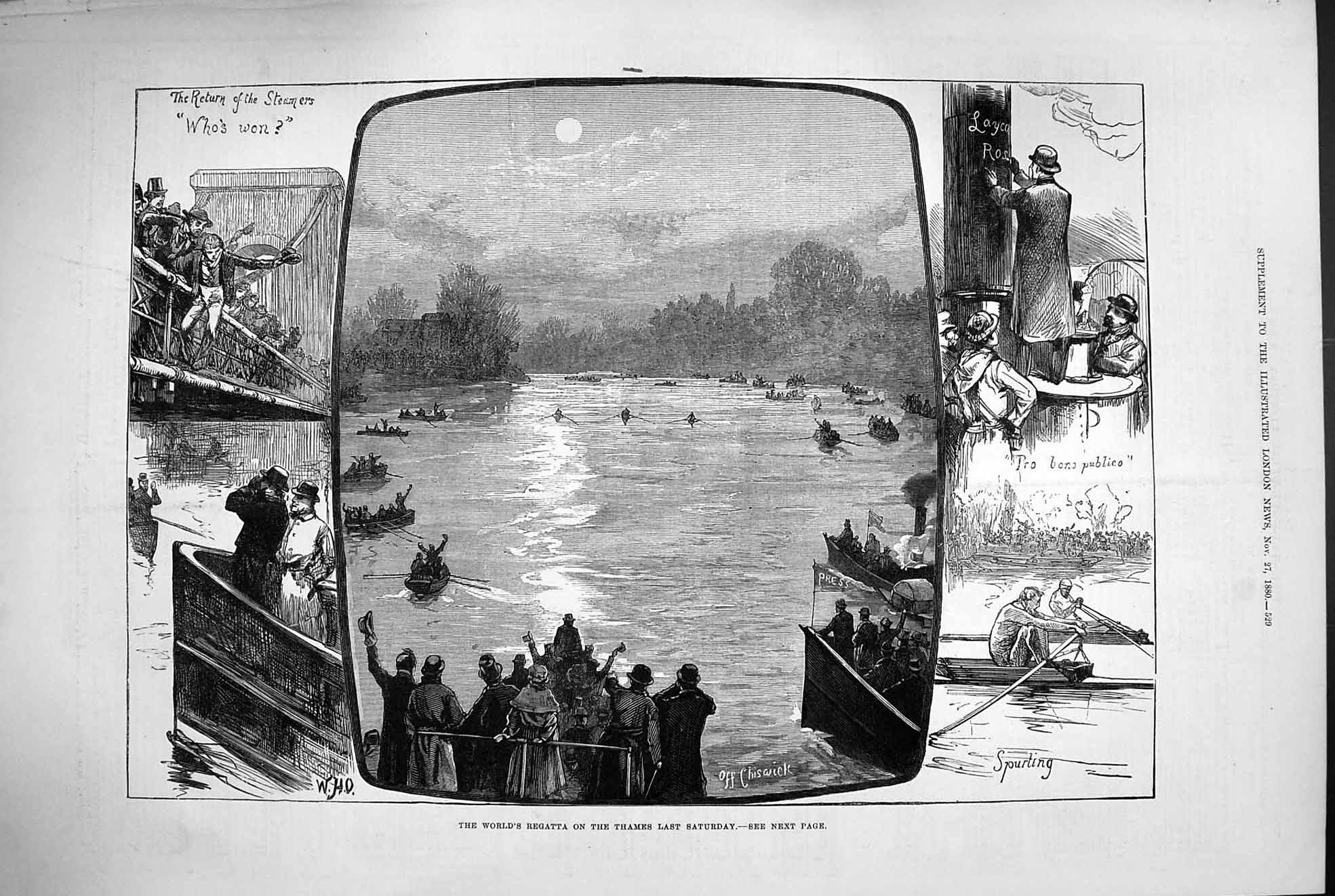 Original Old Antique Print 1880 World'S Regatta River Thames London Boats Sport